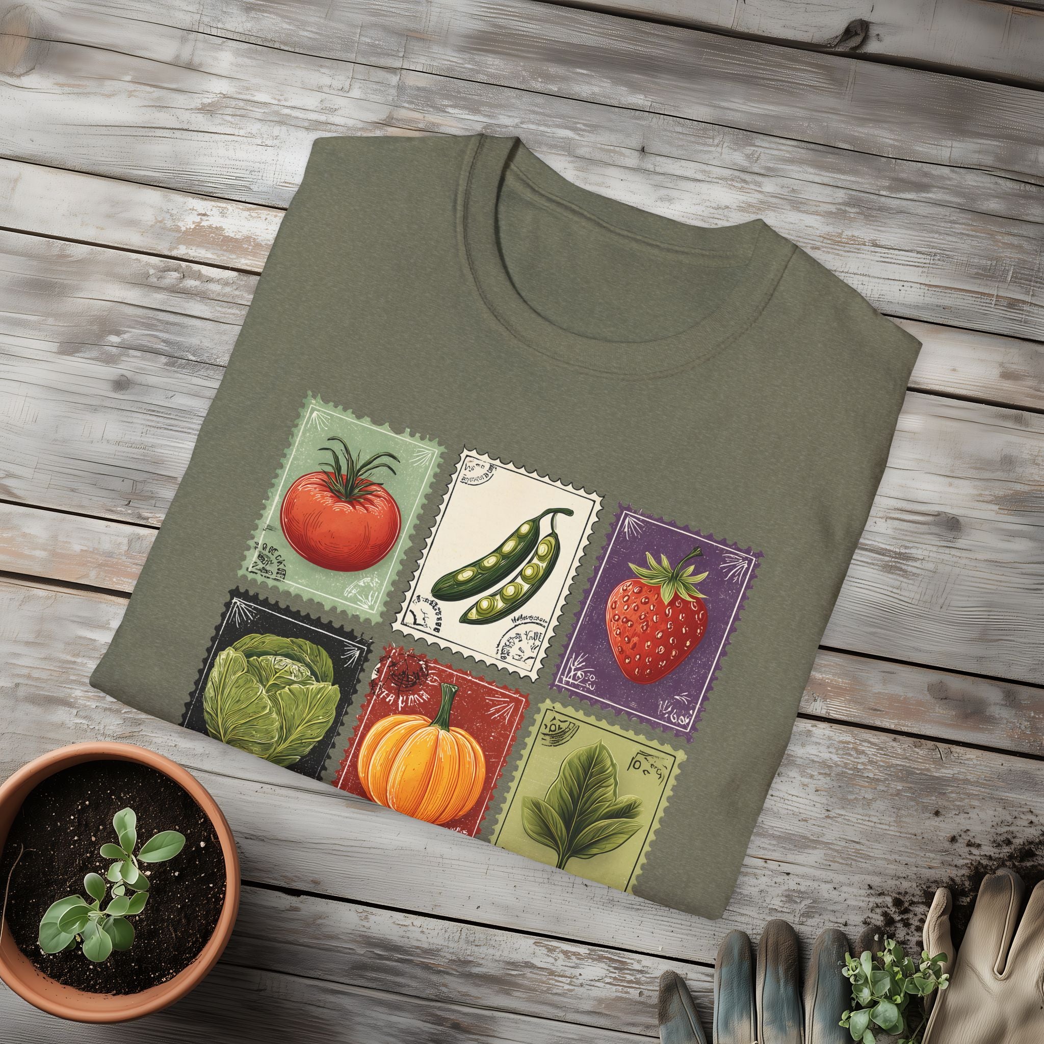 Vintage Garden Vegetable Stamp Collage T-Shirt for Gardeners
