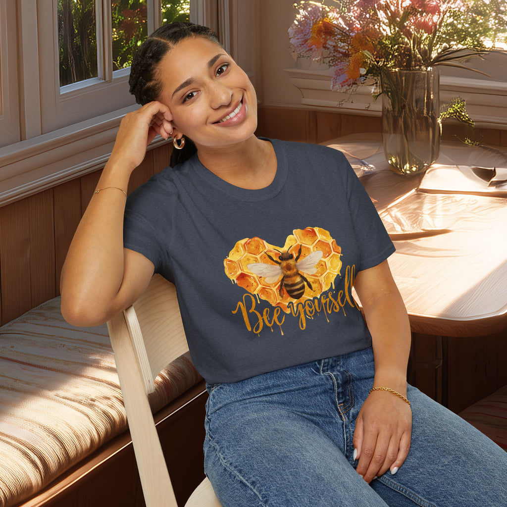 Sweet Honeycomb Heart Bee Yourself Unisex T-Shirt for Gardeners, Nature Lovers, Bee Enthusiasts