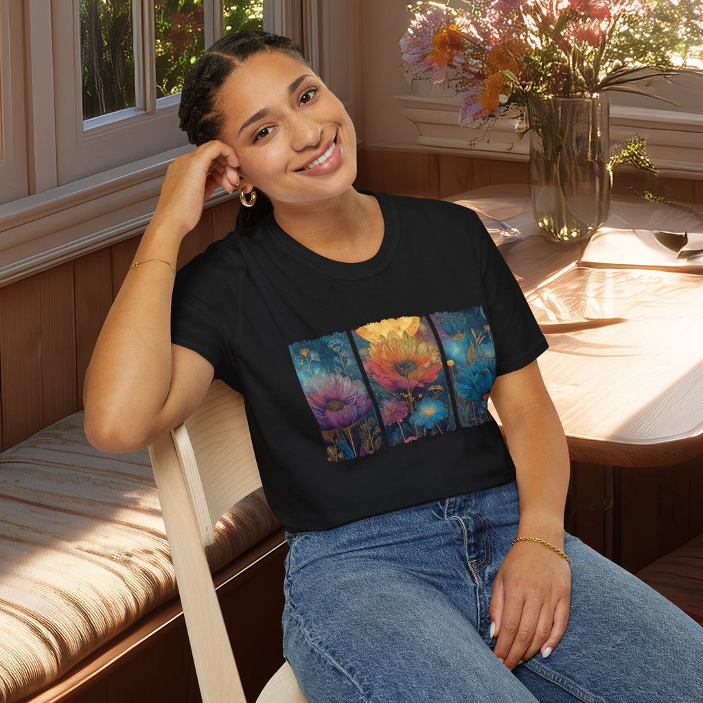 Floral  Brushstroke Triptych Unisex T-Shirt for Gardeners, Nature Lovers, Yoga Enthusiasts