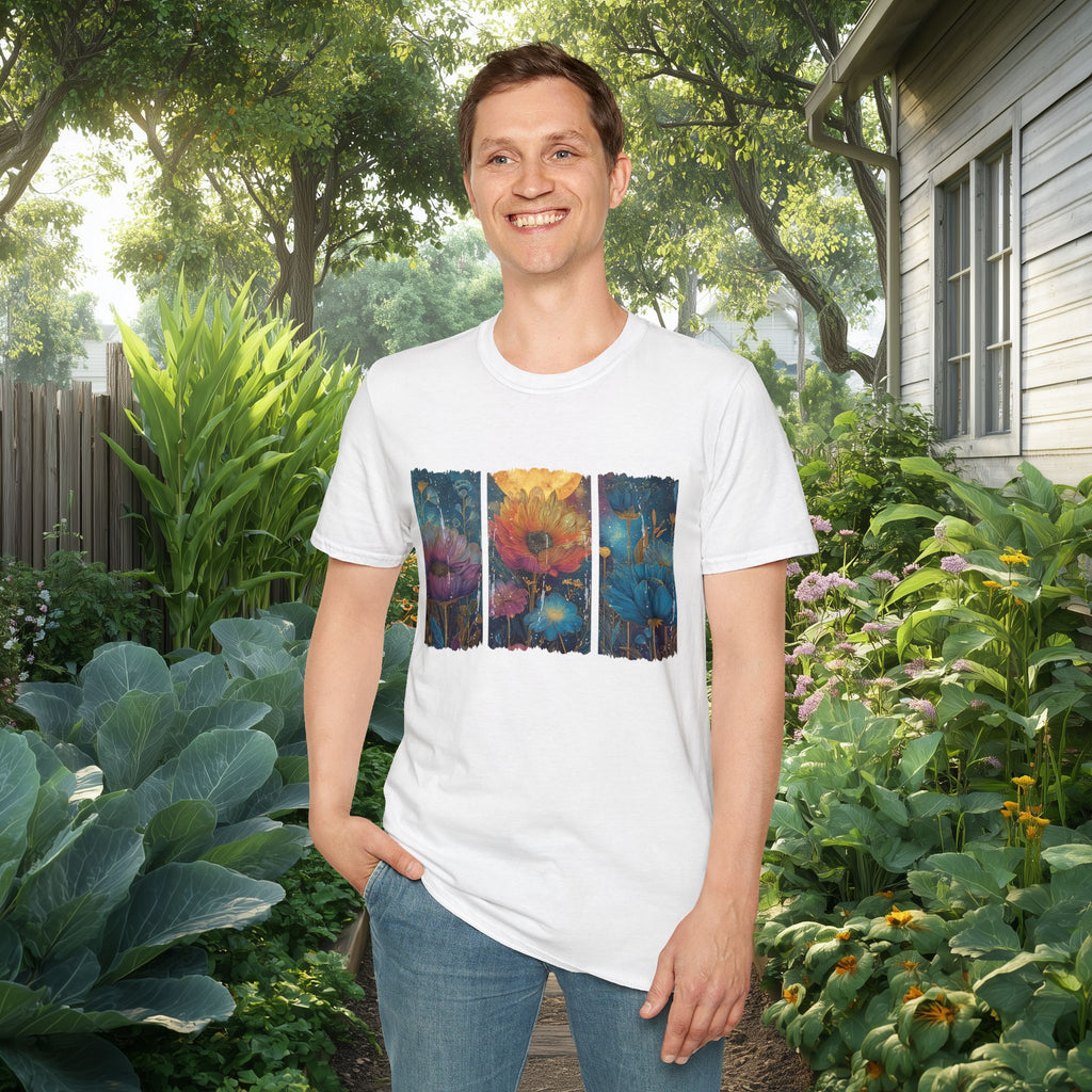 Floral  Brushstroke Triptych Unisex T-Shirt for Gardeners, Nature Lovers, Yoga Enthusiasts
