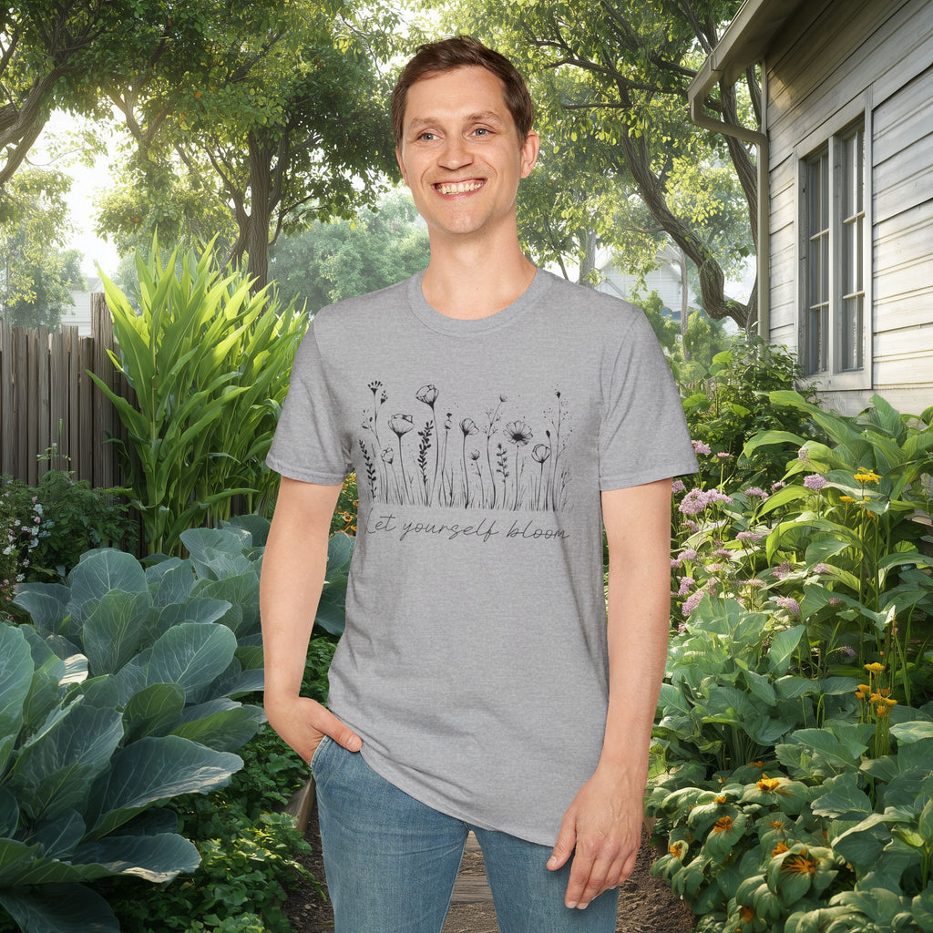 Let Yourself Bloom Motivational Wildflower Line Art T-Shirt