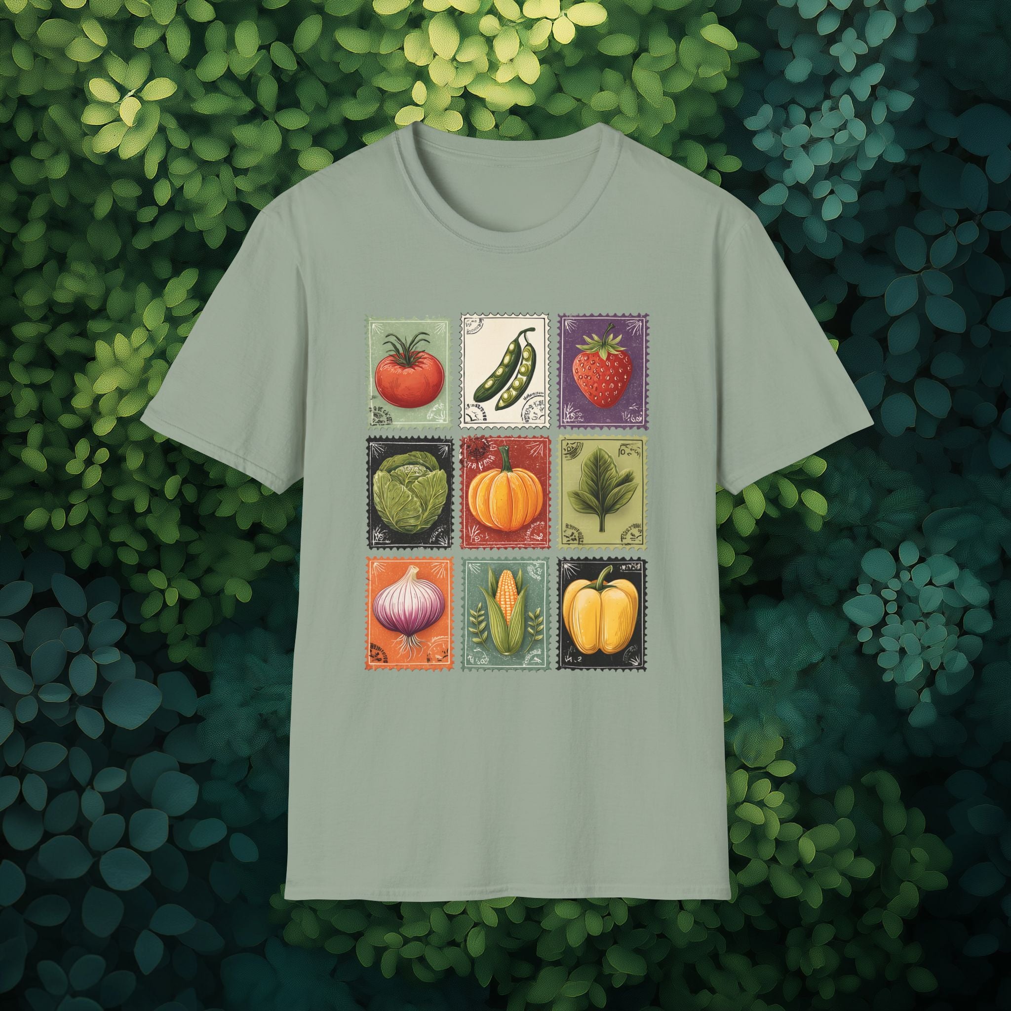 Vintage Garden Vegetable Stamp Collage T-Shirt for Gardeners