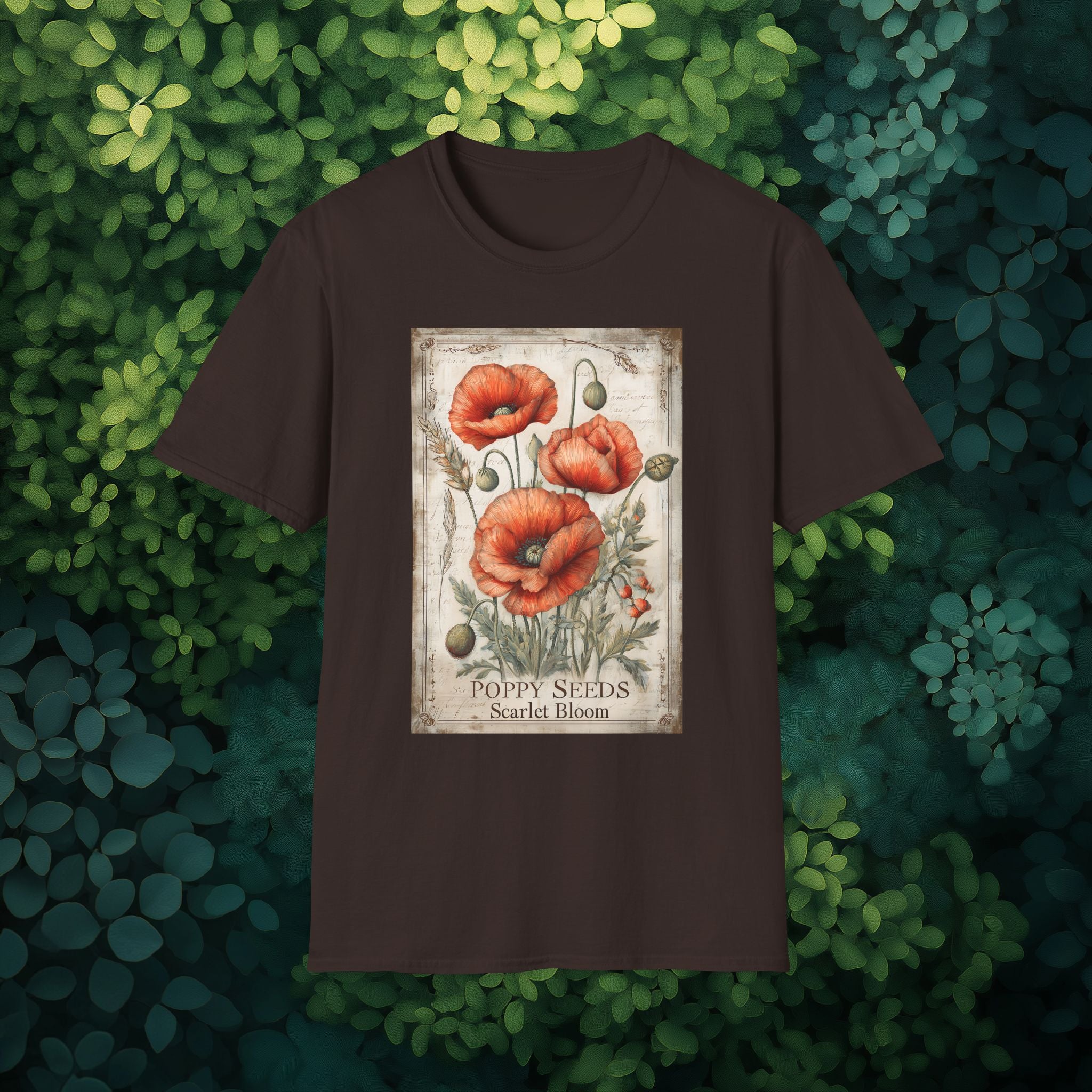 Vintage Scarlet Blooms Poppies Seed Packet Unisex T-Shirt for Gardeners, Nature Lovers, Summer Casual Wear