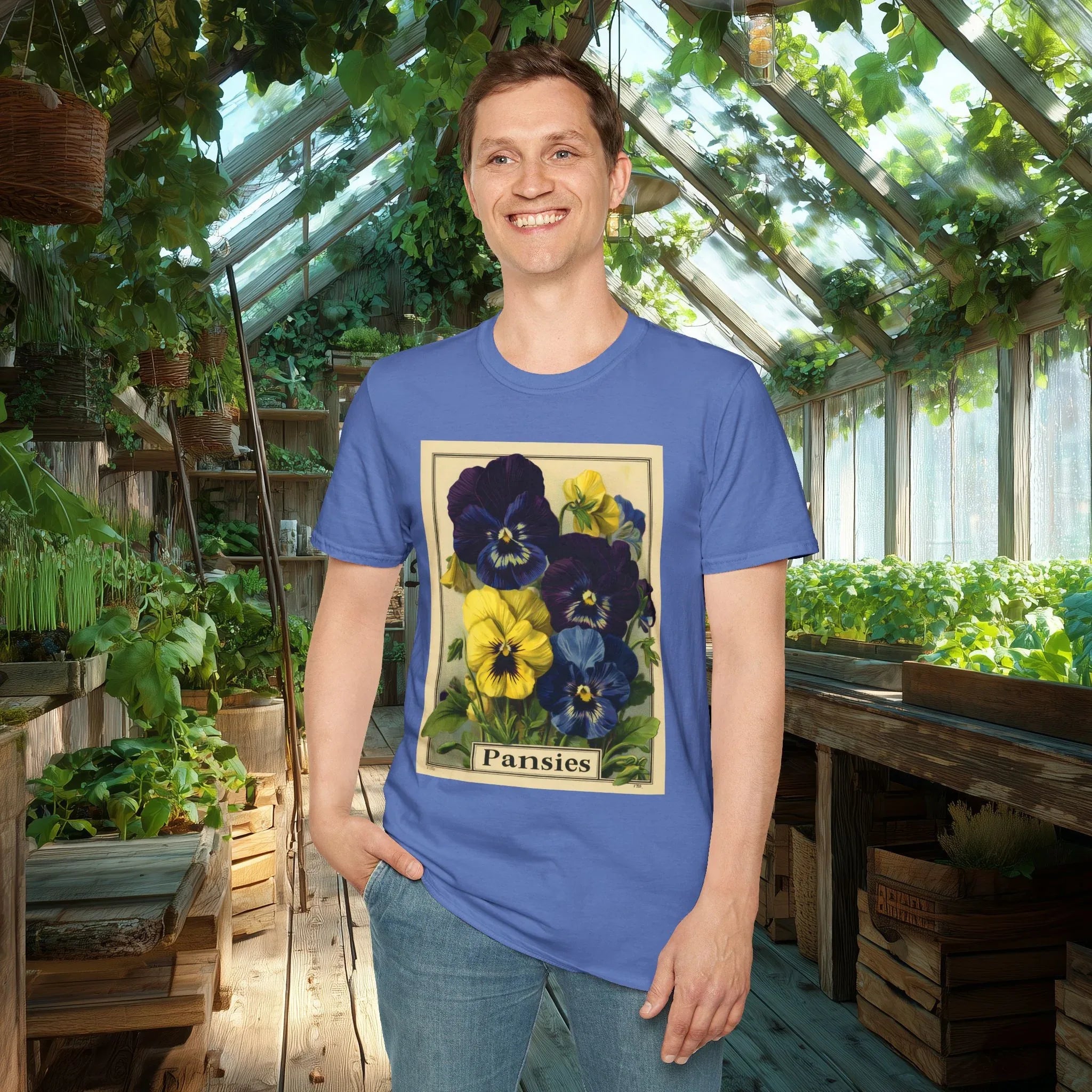Vintage Pansies Seed Packet T-Shirt for Gardeners