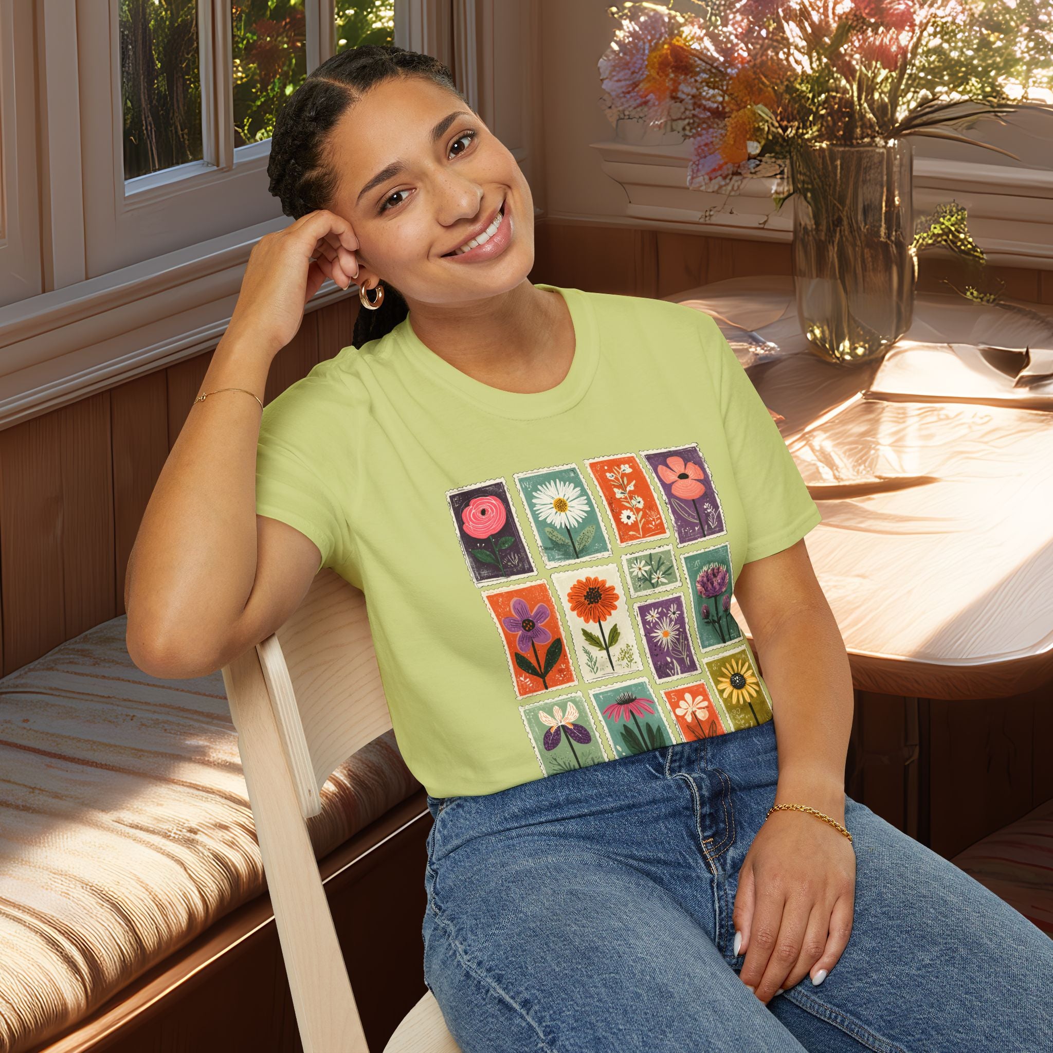 Charming Flower Stamp Collage T-Shirt for Gardeners