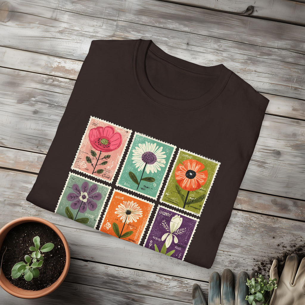 Whimsical Flower Stamp Collage T-Shirt for Gardeners