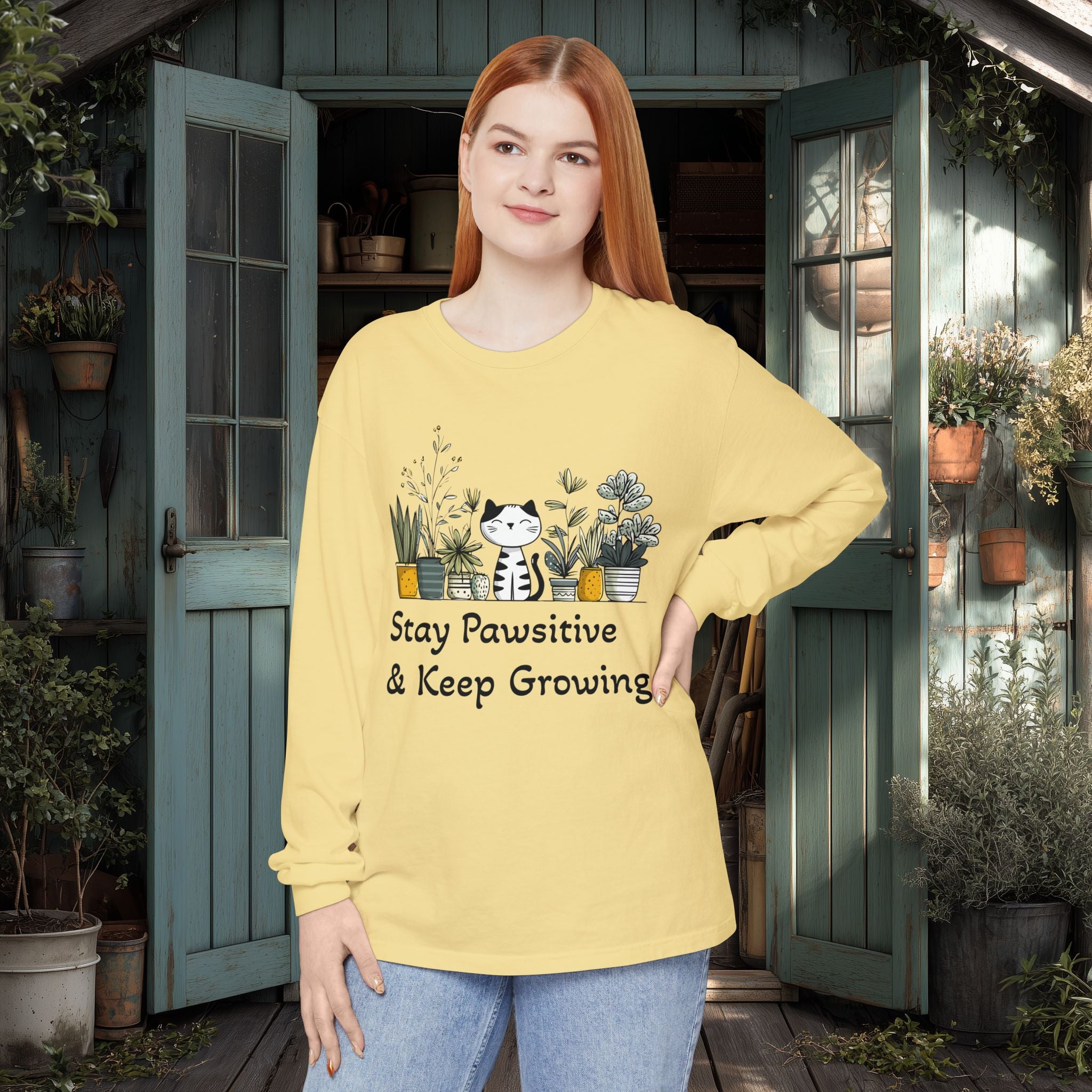 Stay Pawsitive & Keep Growing Cat Lover Long Sleeve T-Shirt