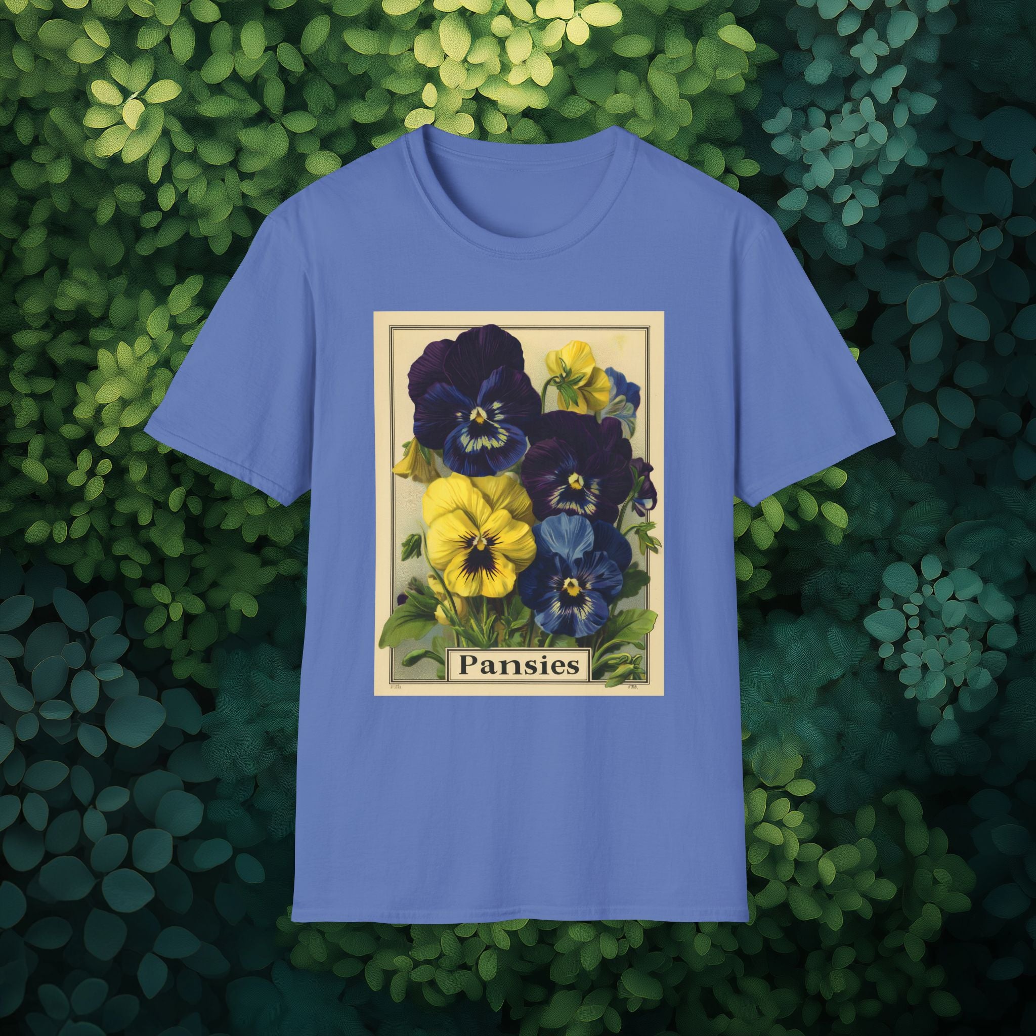 Vintage Pansies Seed Packet Unisex T-Shirt for Gardeners, Nature Lovers, Summer Casual Wear