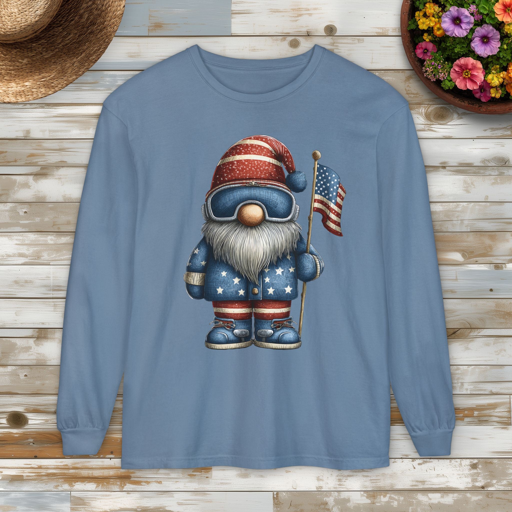 Patriotic Winter Sports Garden Gnome Long Sleeve Tee