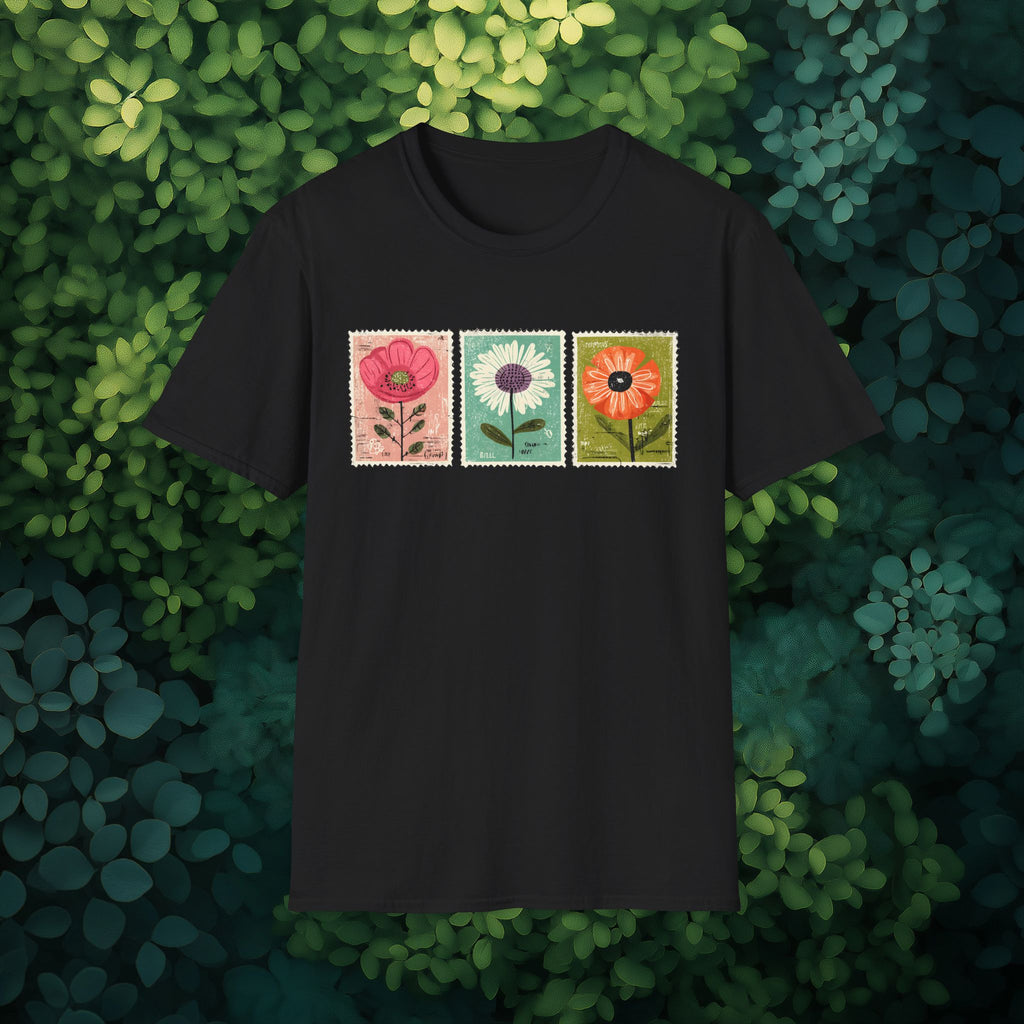 Charming Floral Stamp Trio T-Shirt for Gardeners