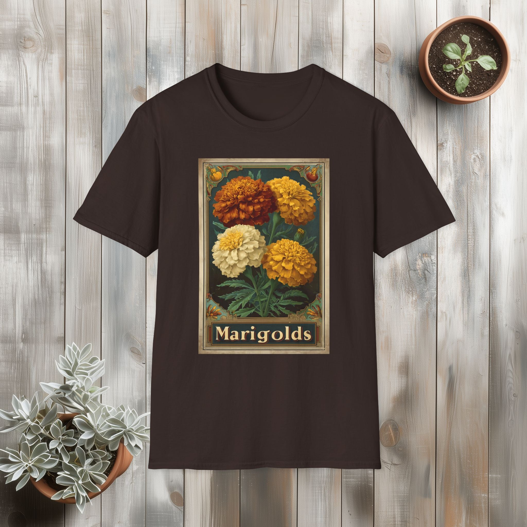 Vintage Marigolds Seed Packet Unisex T-Shirt for Gardeners, Nature Lovers