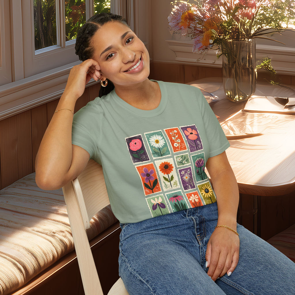 Charming Flower Stamp Collage T-Shirt for Gardeners