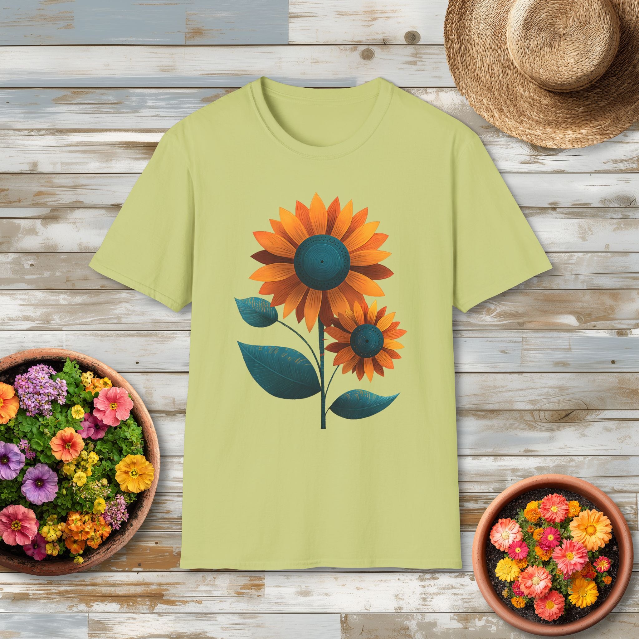 Minimalist Sunflower Duo T-Shirt – Modern Garden Style