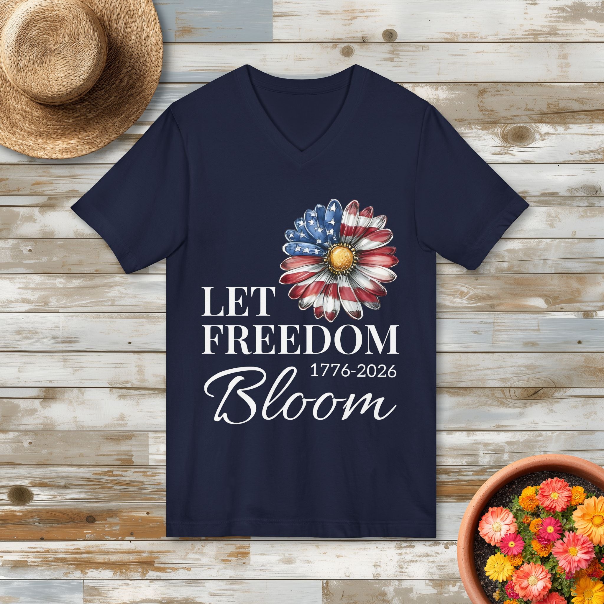 Let Freedom Bloom American Flag Daisy V-Neck T-Shirt