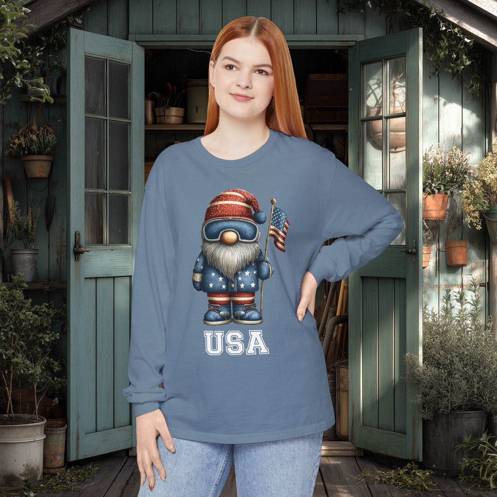 USA Gnome Shirt – Patriotic Winter Sports Long Sleeve Tee