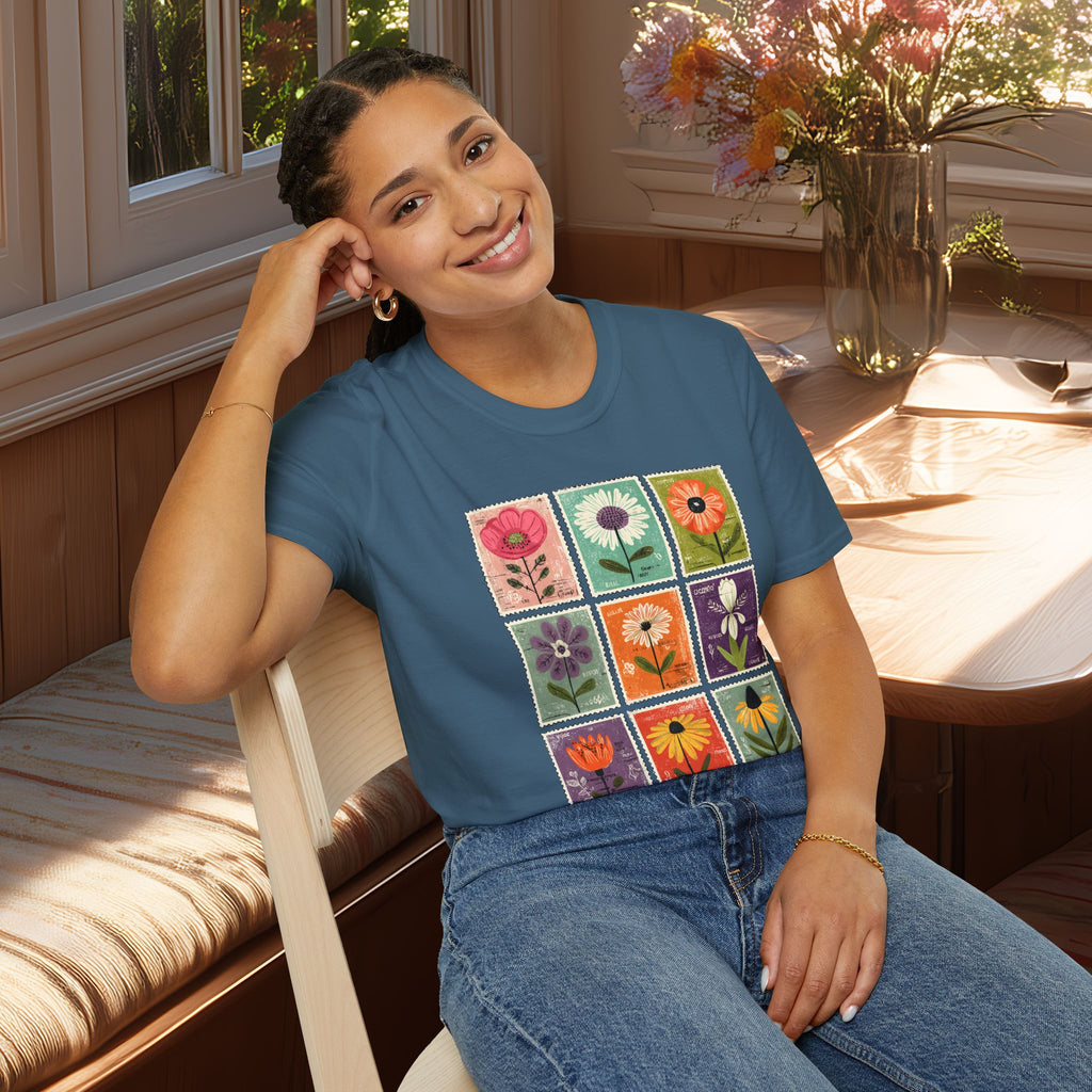 Whimsical Flower Stamp Collage T-Shirt for Gardeners