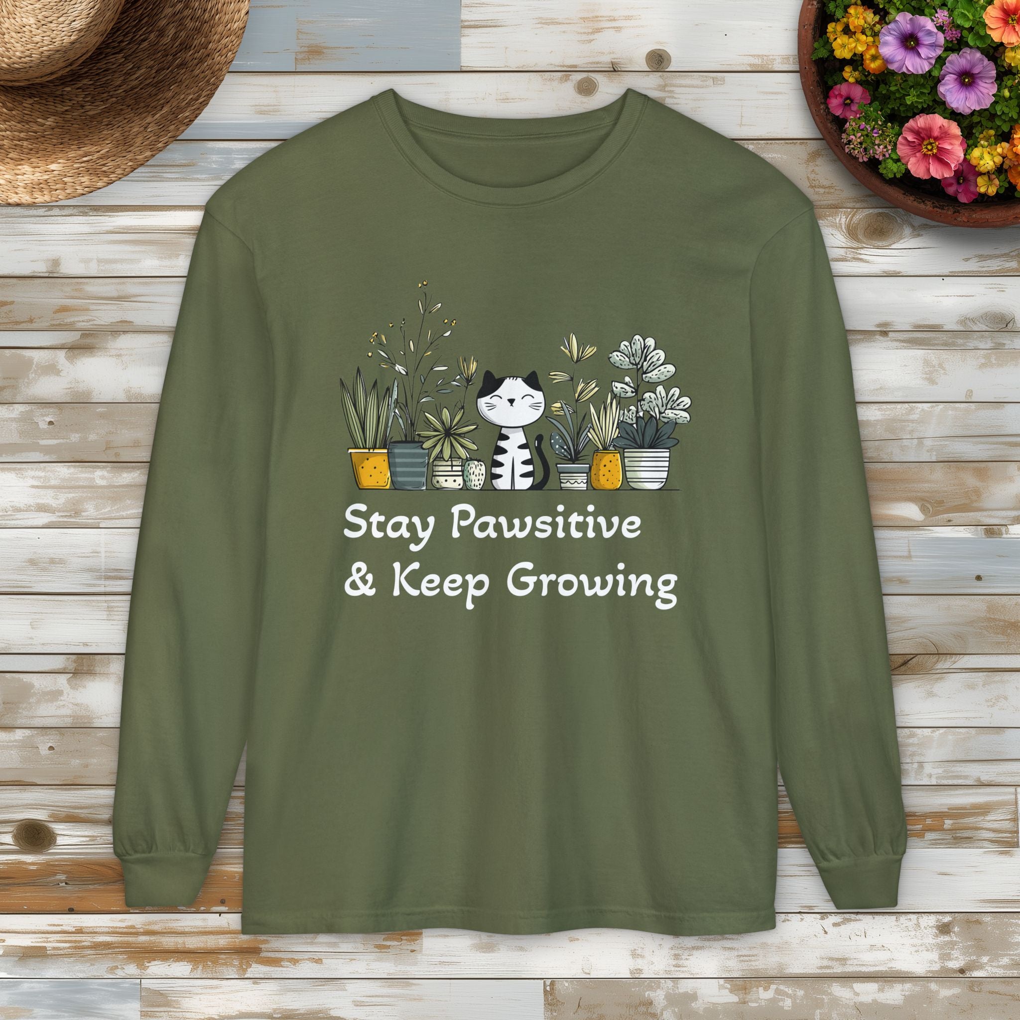 Stay Pawsitive & Keep Growing Cat Lover Long Sleeve T-Shirt