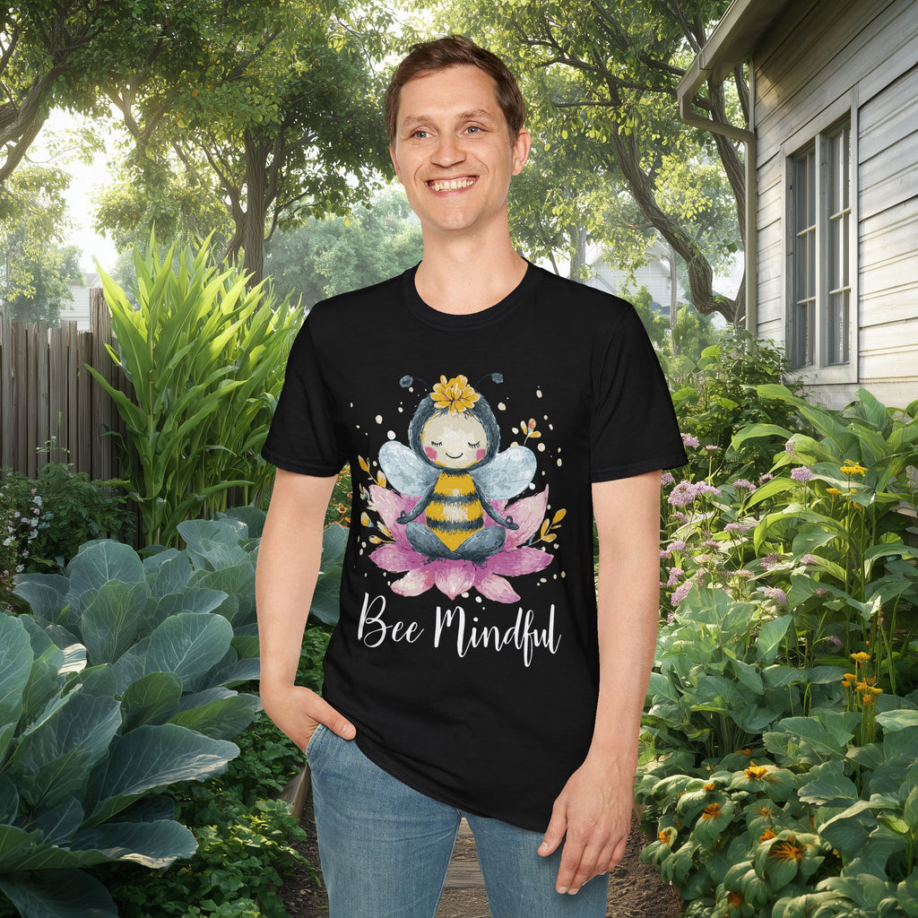 Bee Mindful Meditation Unisex T-Shirt for Gardeners, Nature Lovers, Yoga Enthusiasts