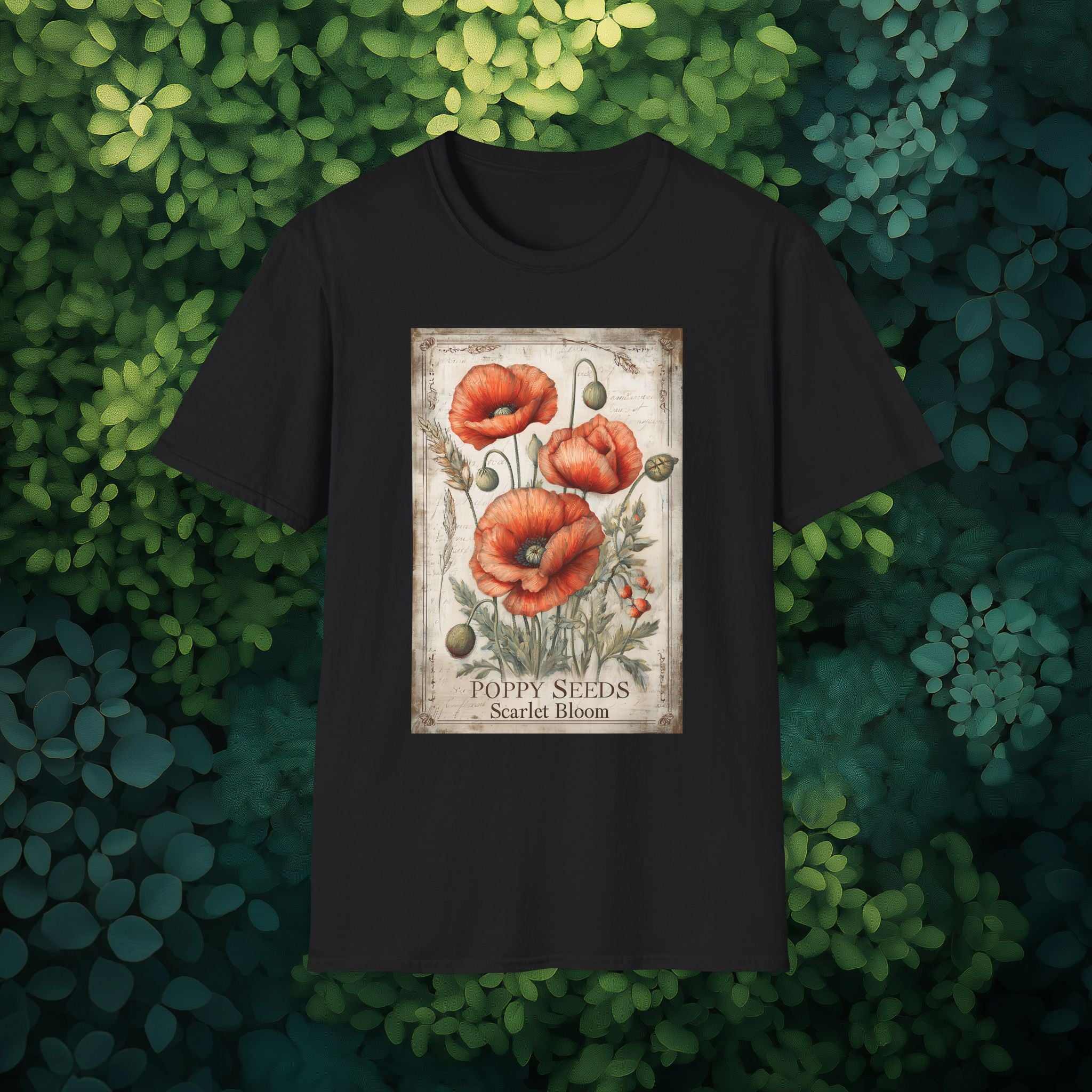 Vintage Scarlet Blooms Poppies Seed Packet Unisex T-Shirt for Gardeners, Nature Lovers, Summer Casual Wear