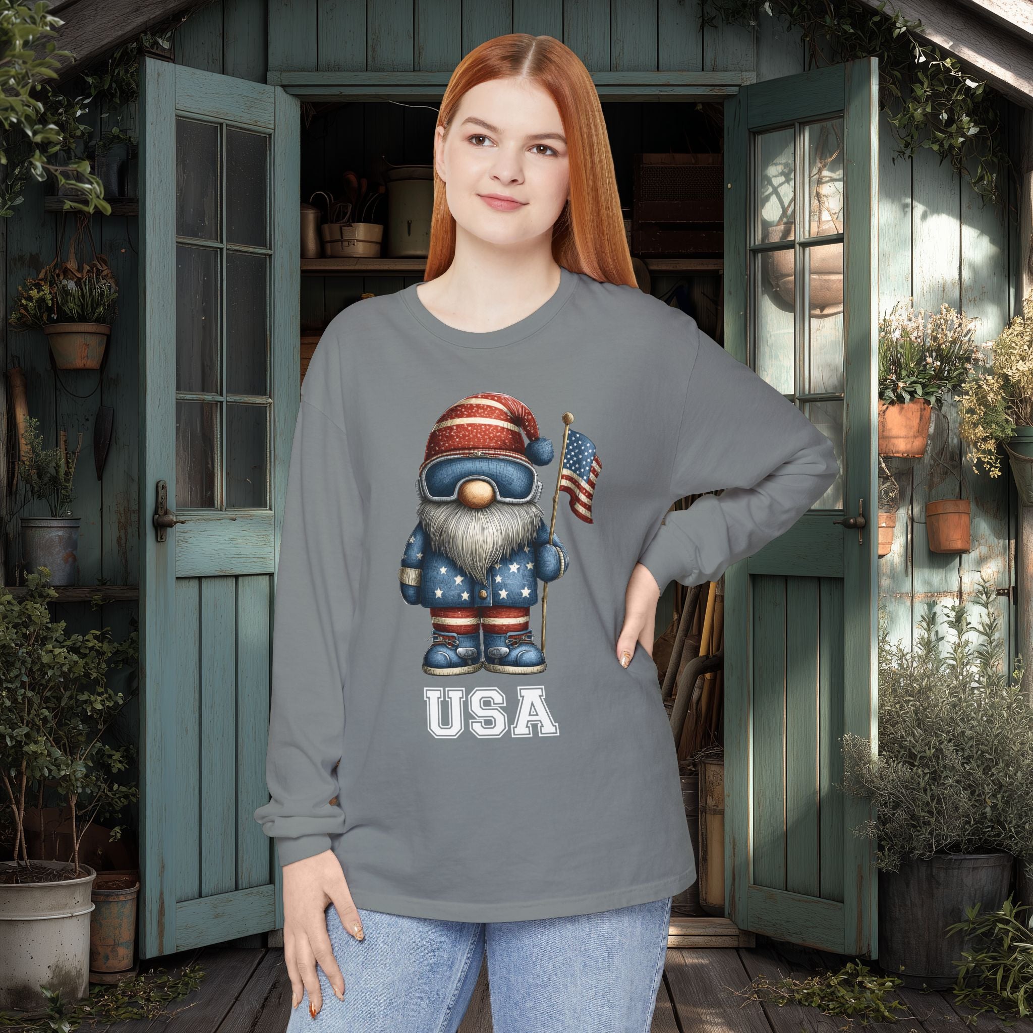 USA Gnome Shirt – Patriotic Winter Sports Long Sleeve Tee