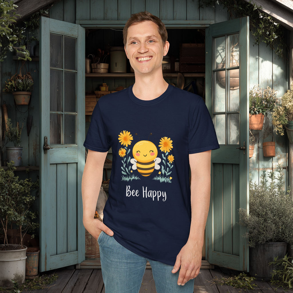 Cartoon Bee Happy Unisex T-Shirt for Gardeners, Nature Lovers, Bee Enthusiasts