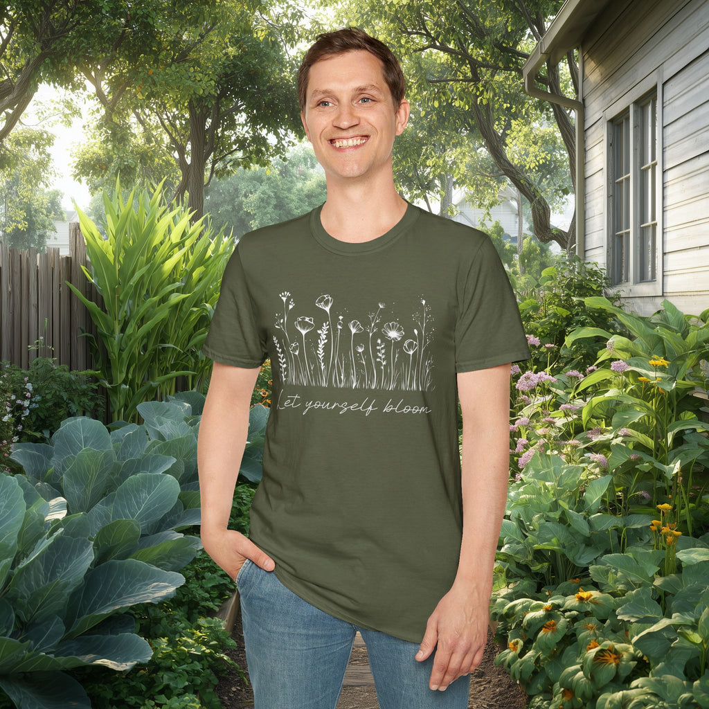 Let Yourself Bloom Motivational Wildflower Line Art T-Shirt