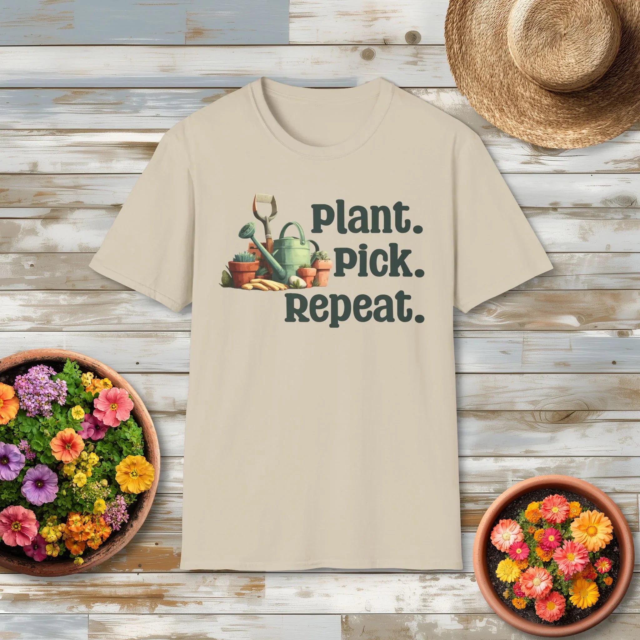Plant Pick Repeat, Cartoon Gardener T-Shirt