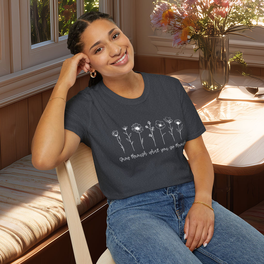 Grow Through What You Go Through Motivational Wildflower Line Art T-Shirt