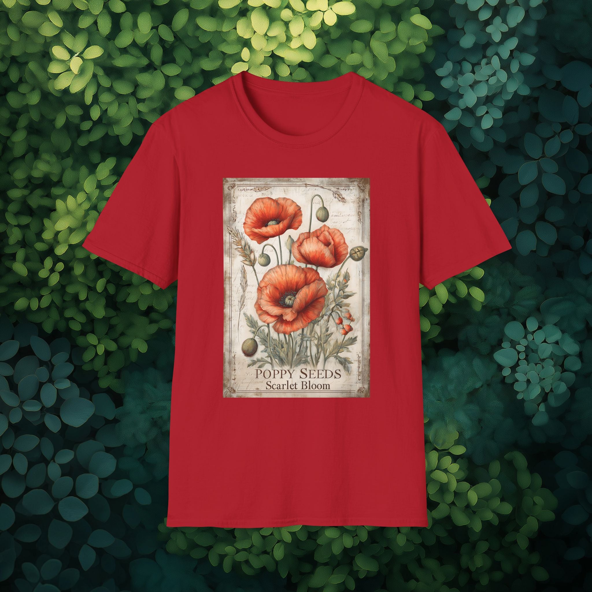 Vintage Scarlet Blooms Poppies Seed Packet Unisex T-Shirt for Gardeners, Nature Lovers, Summer Casual Wear