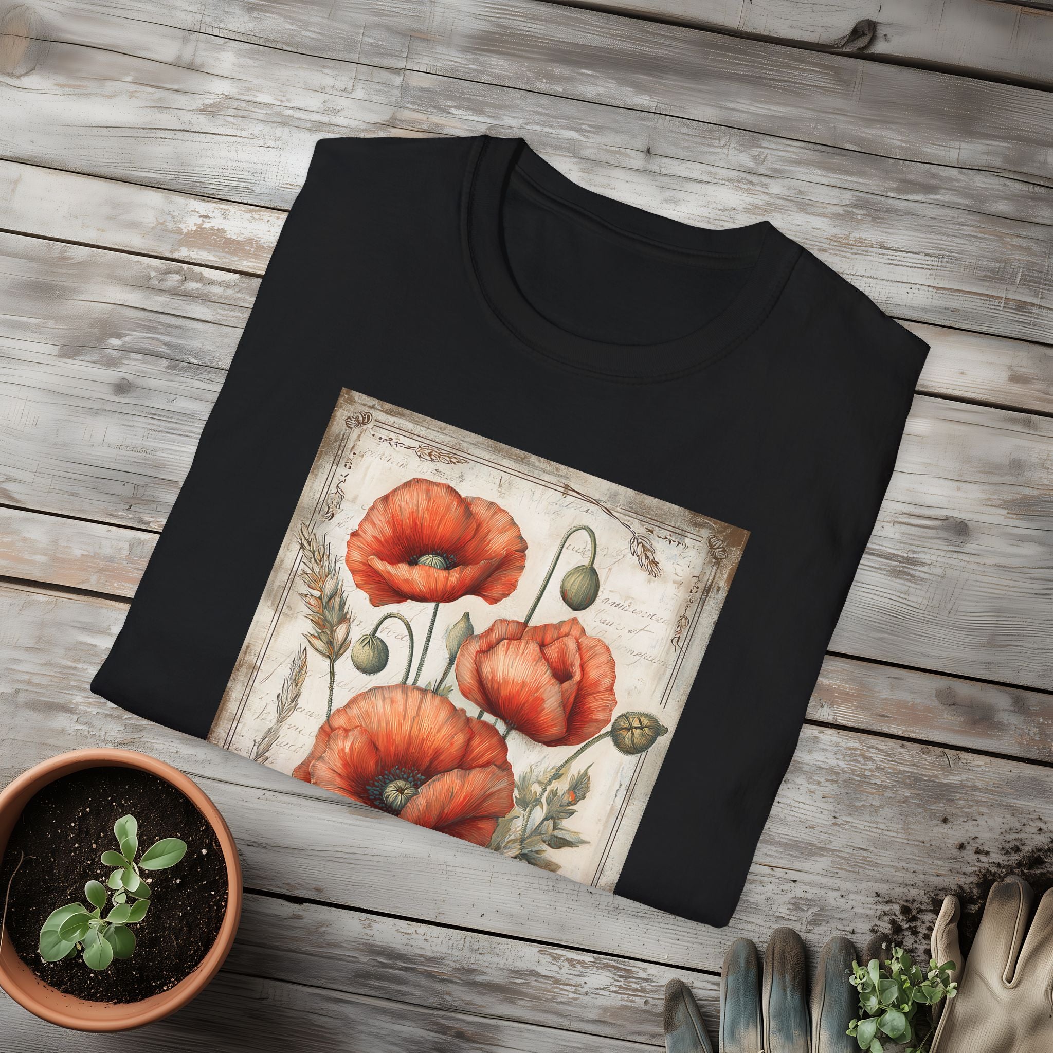 Vintage Scarlet Blooms Poppies Seed Packet Unisex T-Shirt for Gardeners, Nature Lovers, Summer Casual Wear