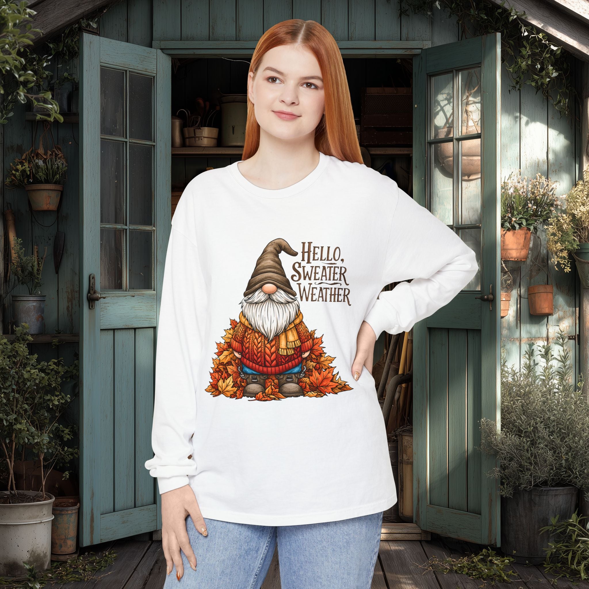 Hello Sweater Weather Garden Gnome Long Sleeve Tee