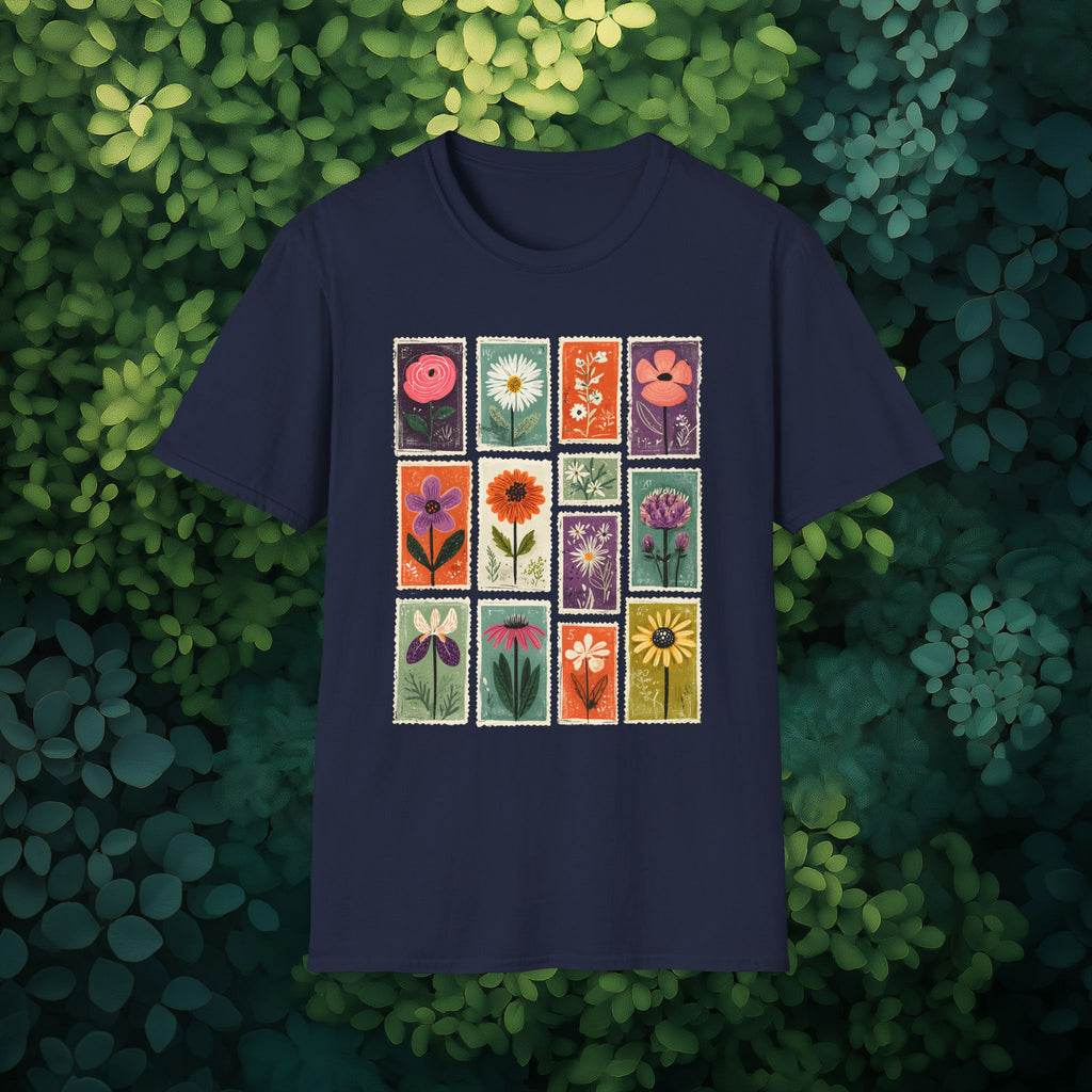 Charming Flower Stamp Collage T-Shirt for Gardeners