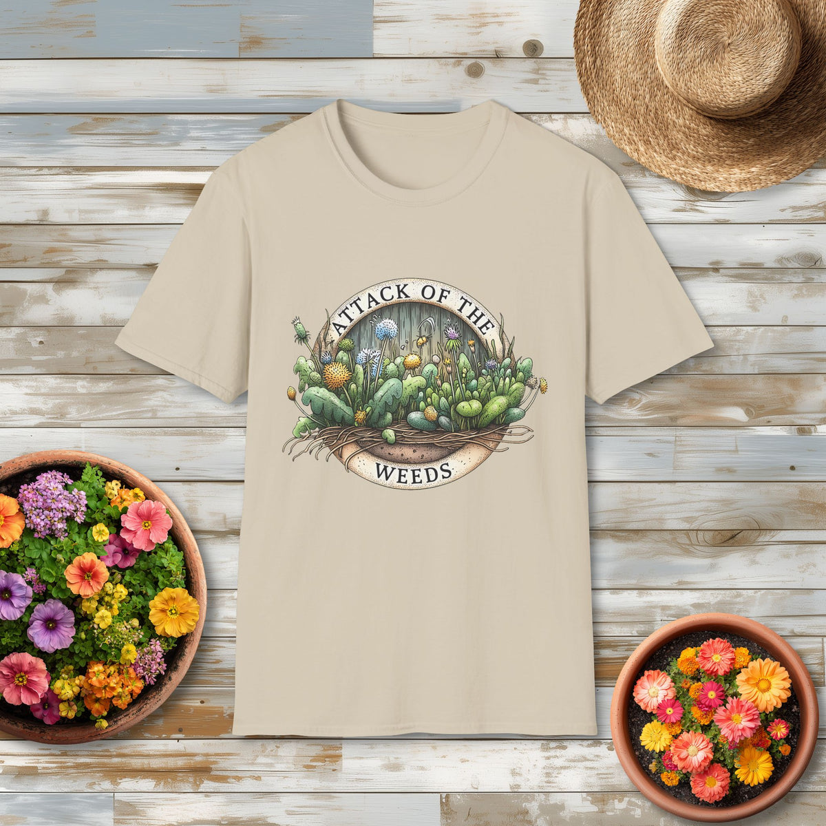 Attack of the Weeds T-Shirt – Retro Gardening Humor Emblem Tee