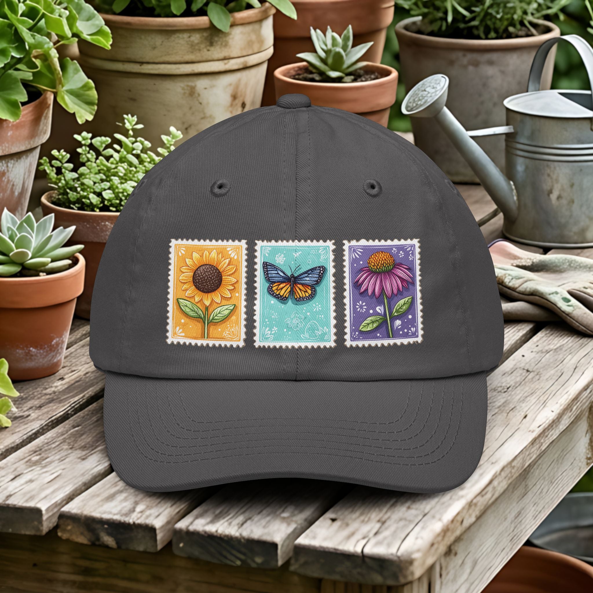 Floral Postage Trio: Sunflower Butterfly Coneflower Stamp Dad Hat