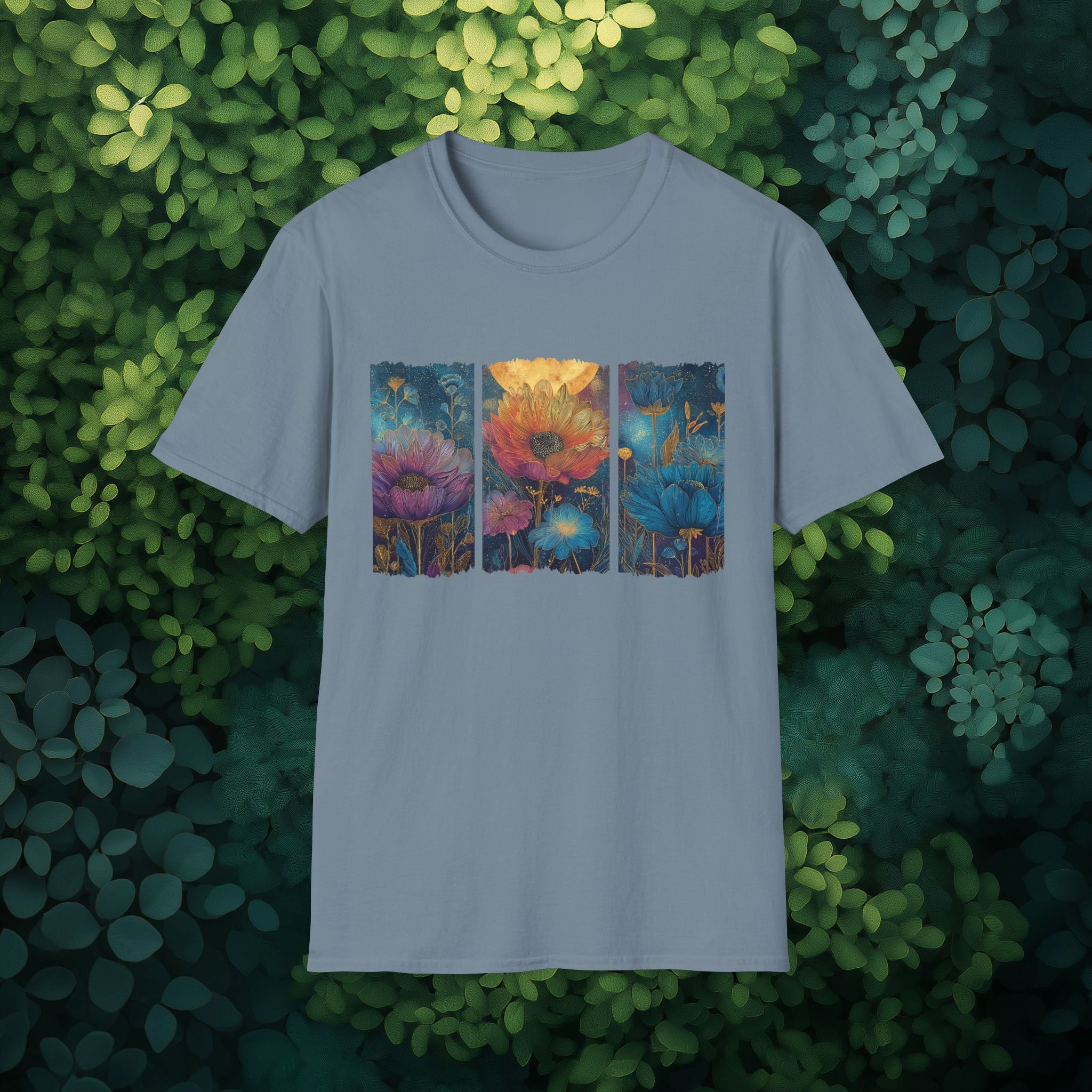 Floral  Brushstroke Triptych Unisex T-Shirt for Gardeners, Nature Lovers, Yoga Enthusiasts