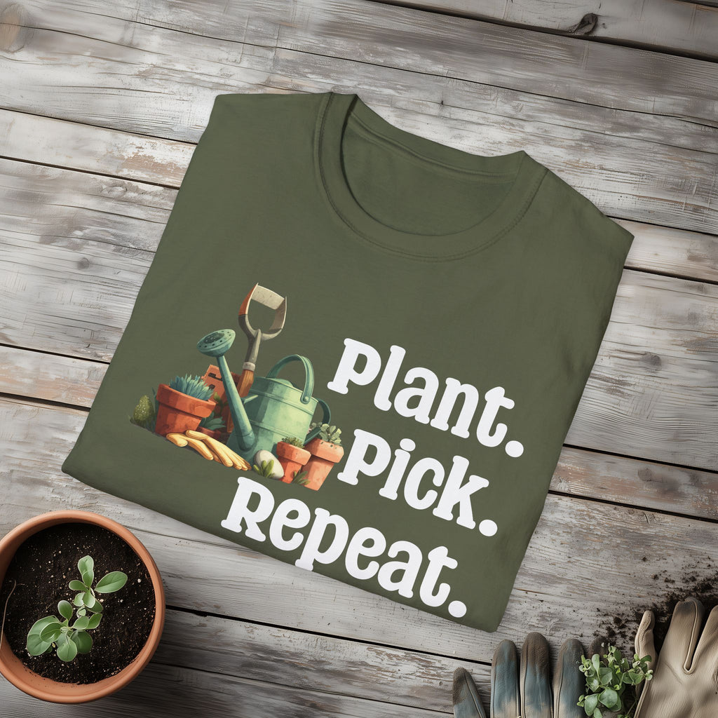 Plant Pick Repeat, Cartoon Gardener T-Shirt