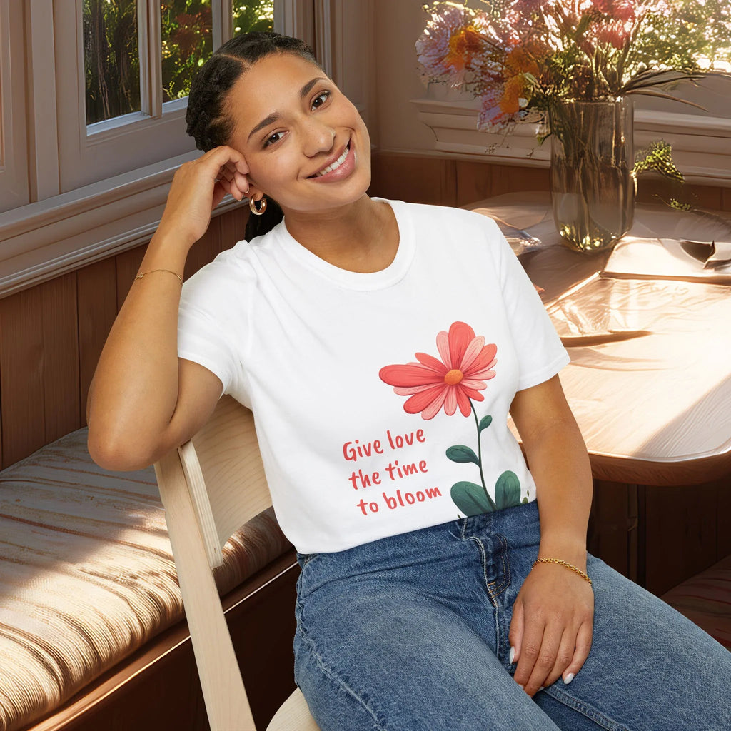 Give Love the Time to Bloom - Retro Cartoon Heart Flower T-Shirt