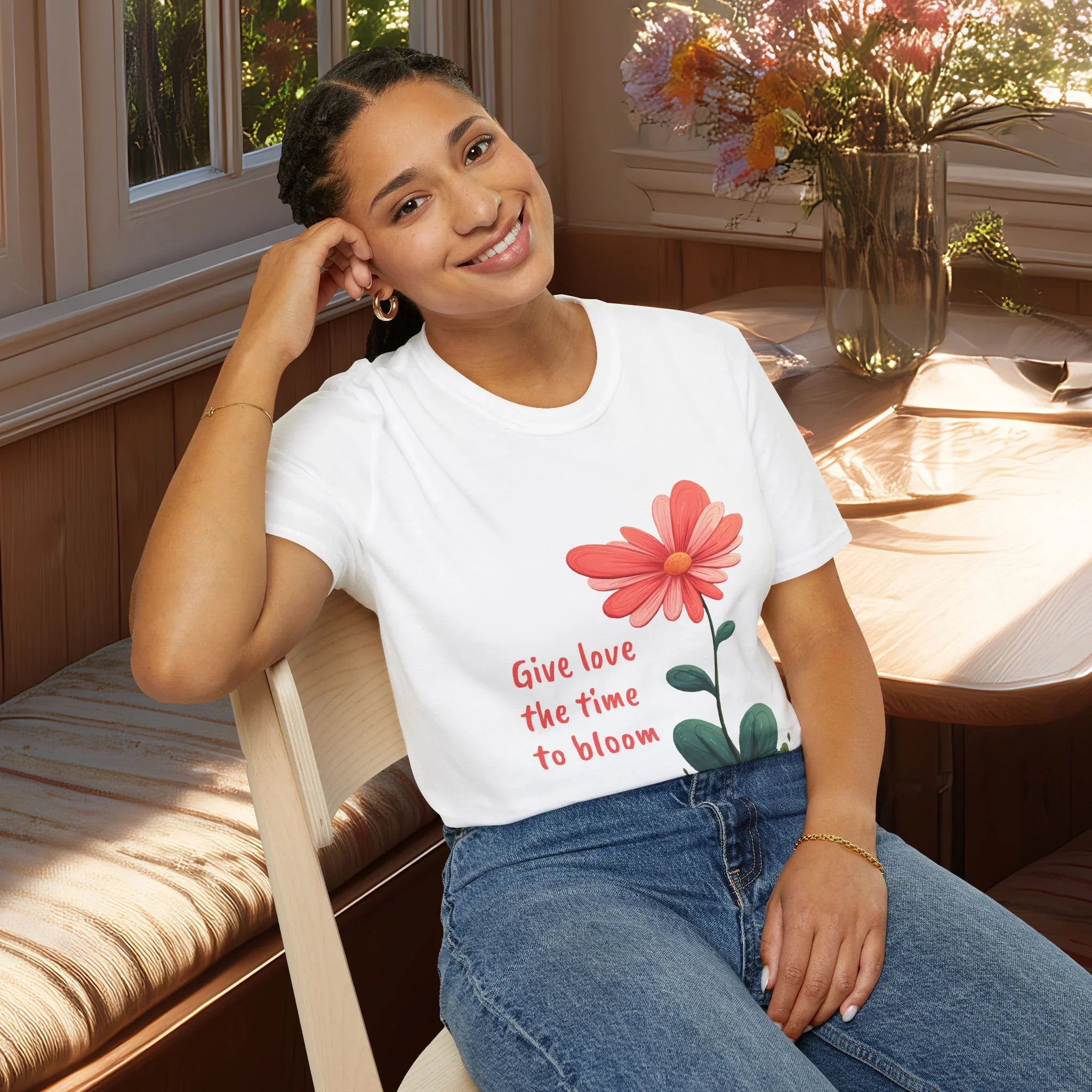 Give Love the Time to Bloom - Retro Cartoon Heart Flower T-Shirt