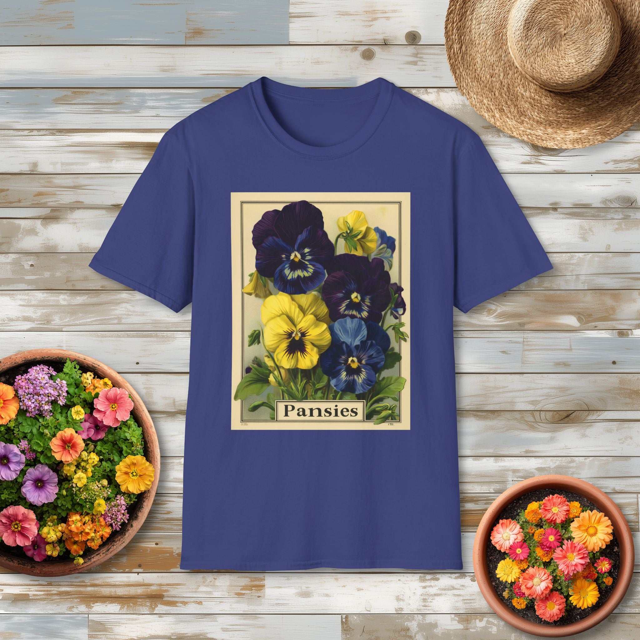 Vintage Pansies Seed Packet Unisex T-Shirt for Gardeners, Nature Lovers, Summer Casual Wear