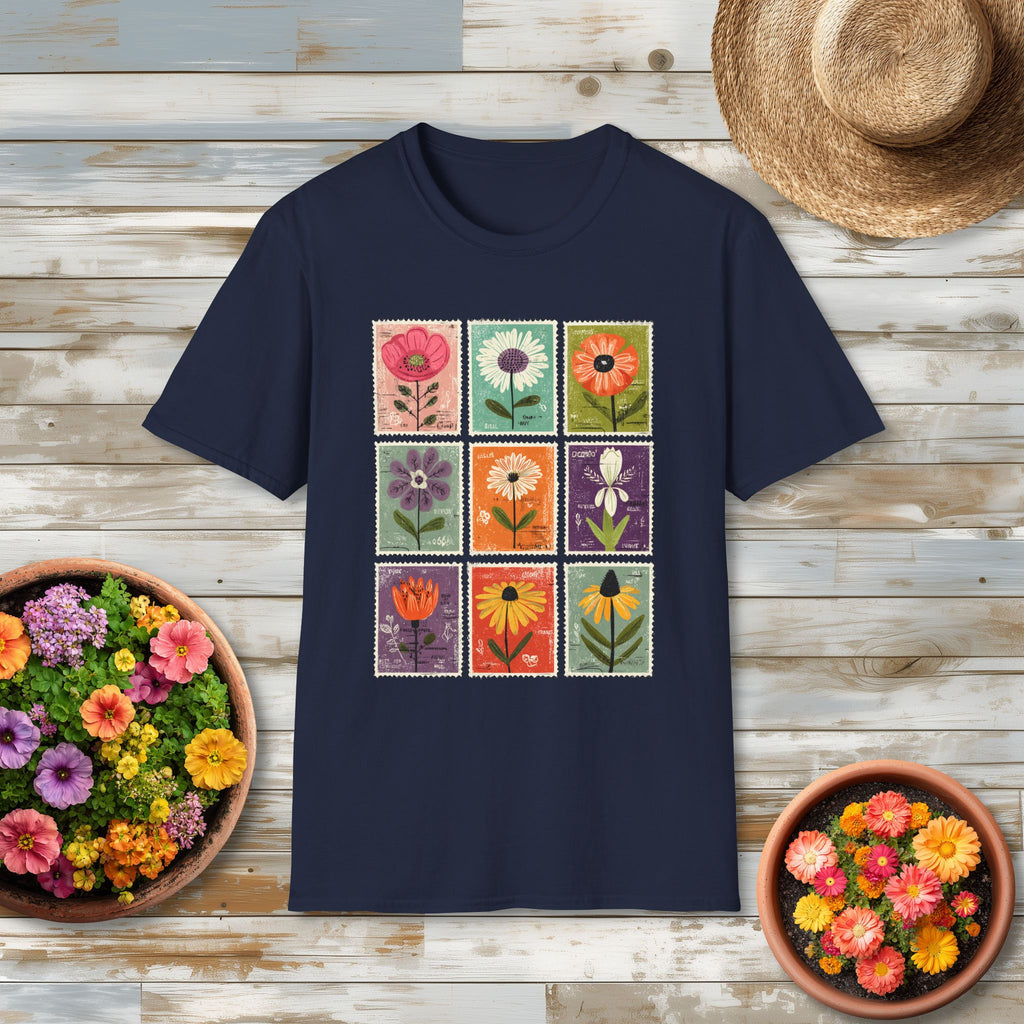 Whimsical Flower Stamp Collage T-Shirt for Gardeners