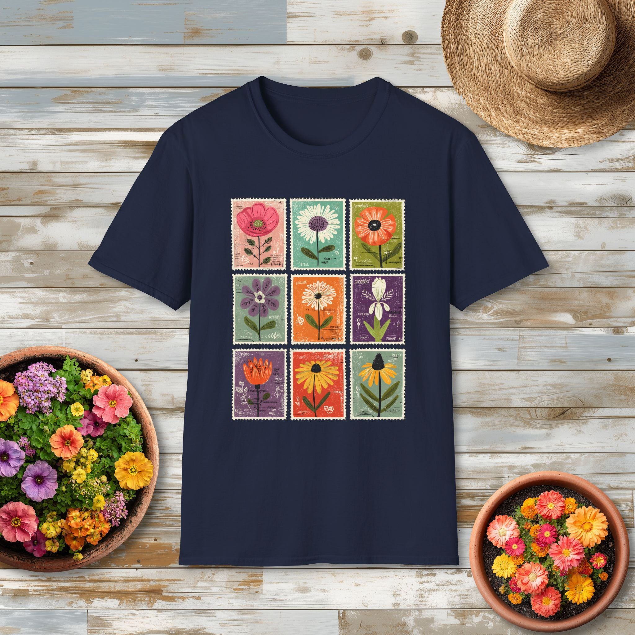 Whimsical Flower Stamp Collage T-Shirt for Gardeners