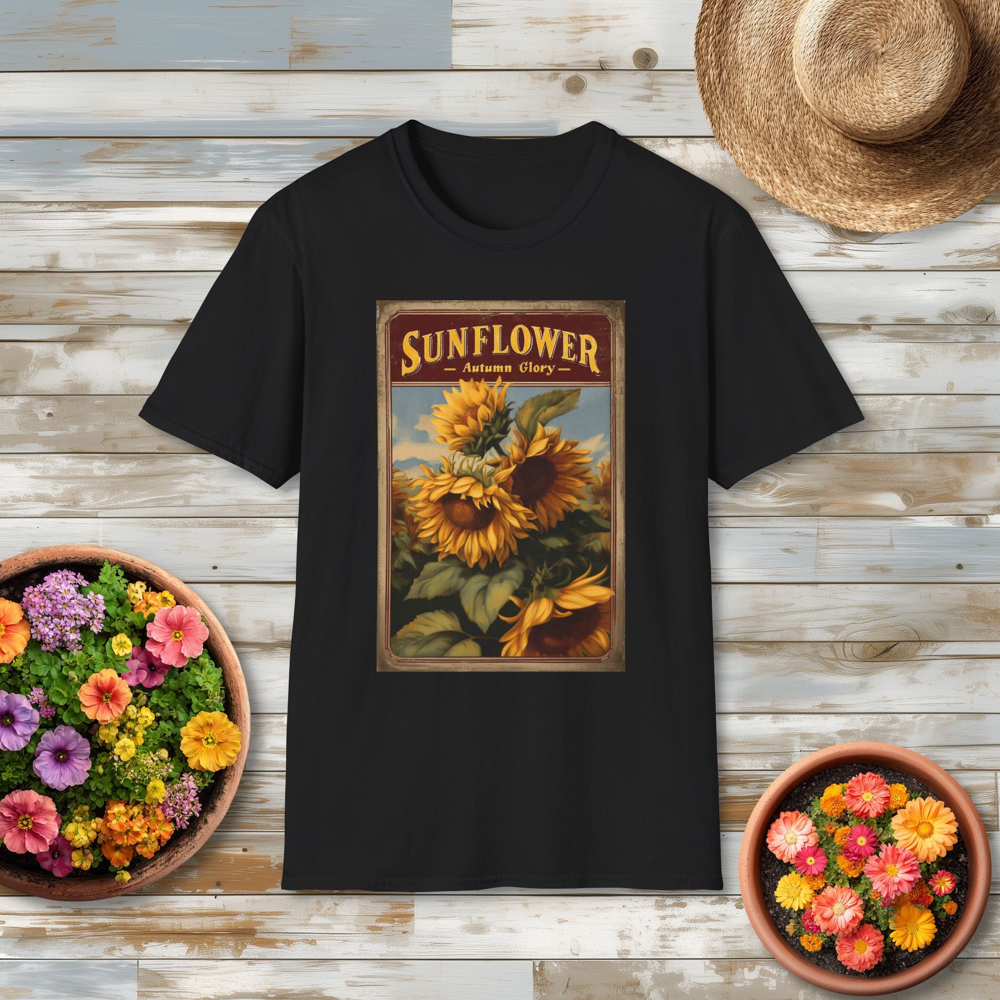 Vintage Sunflower Autumn Glory Seed Packet T-Shirt for Gardeners