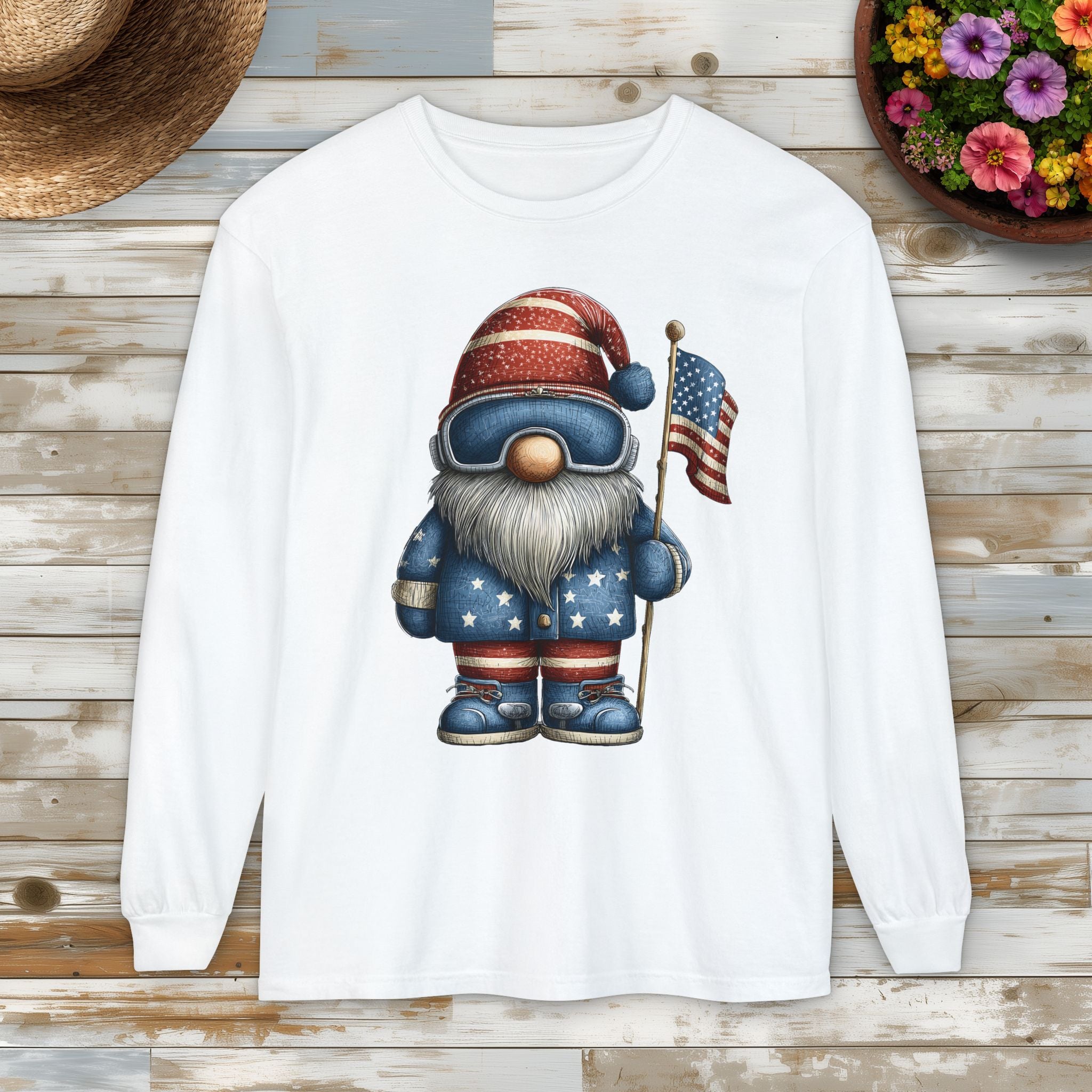 Patriotic Winter Sports Garden Gnome Long Sleeve Tee