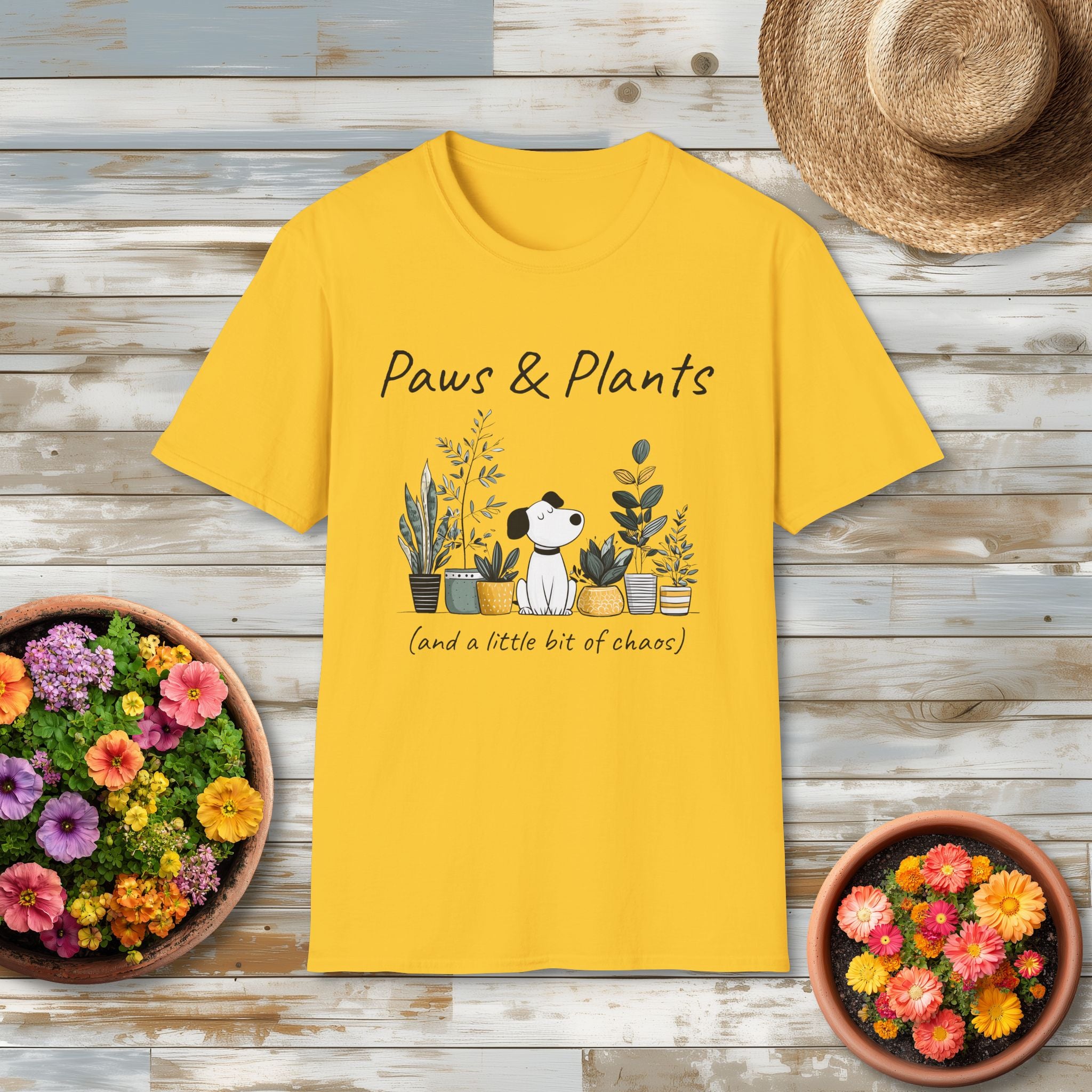 Cute Dog and Plants Tee – “Paws & Plants (and a little bit of chaos)”