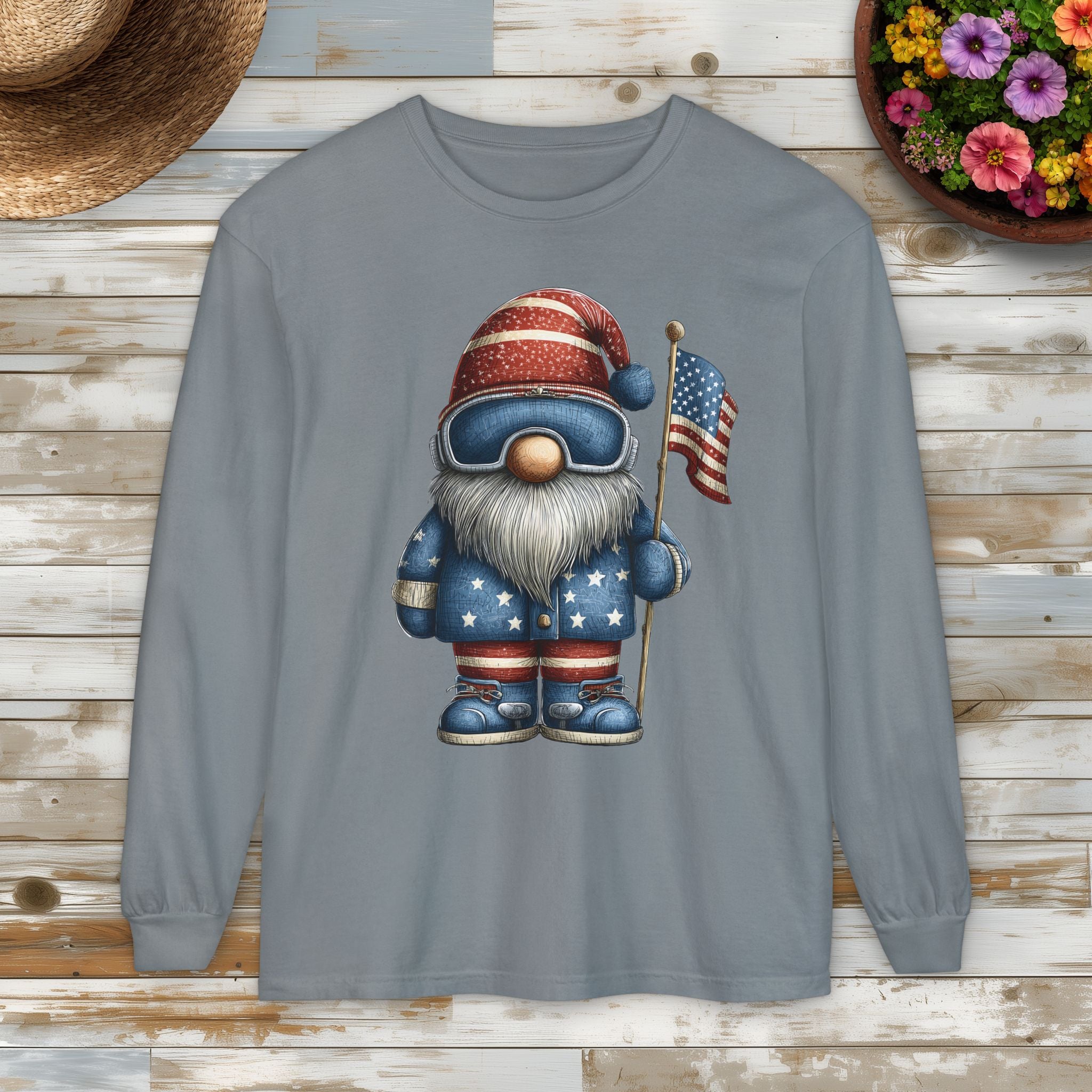 Patriotic Winter Sports Garden Gnome Long Sleeve Tee