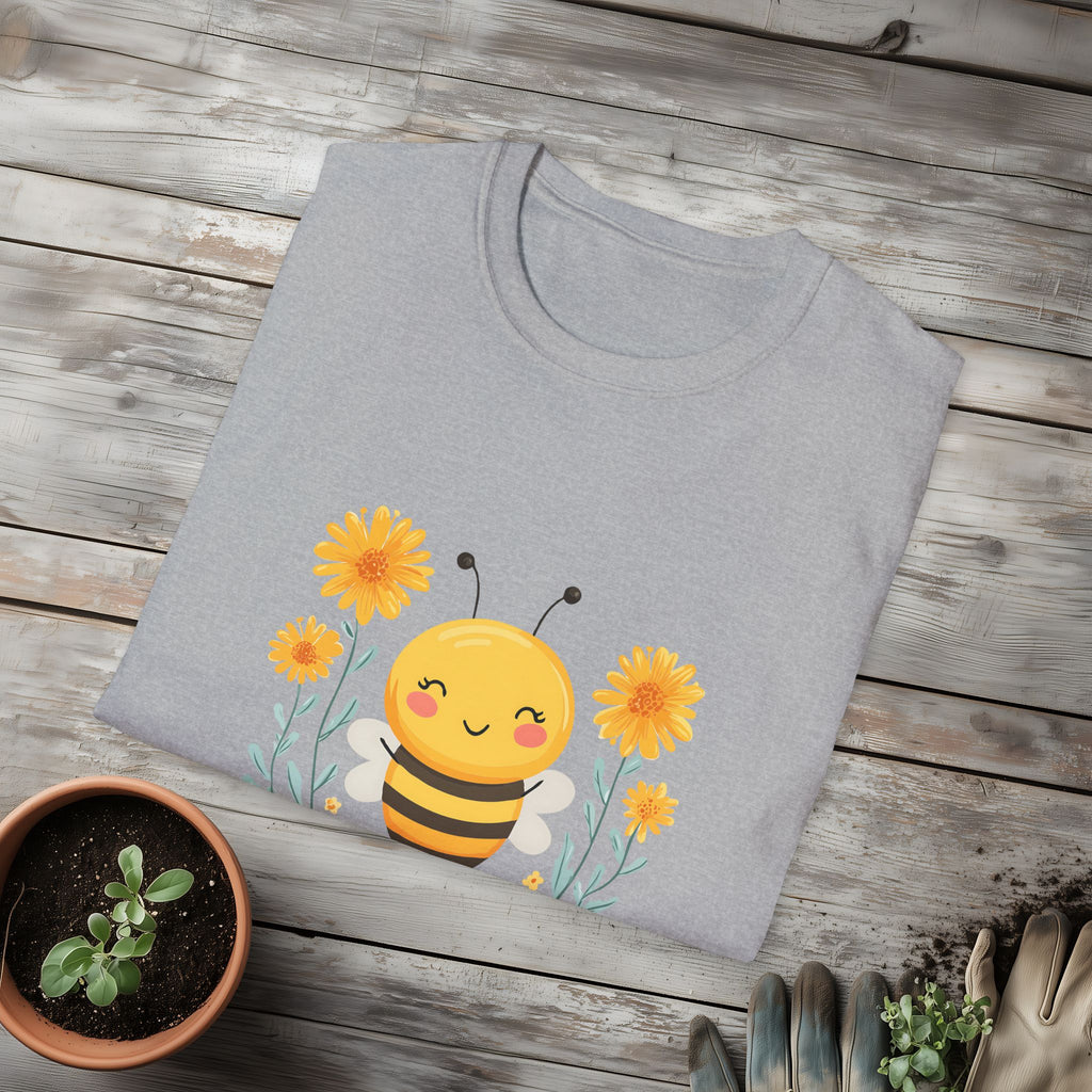 Cartoon Bee Happy Unisex T-Shirt for Gardeners, Nature Lovers, Bee Enthusiasts