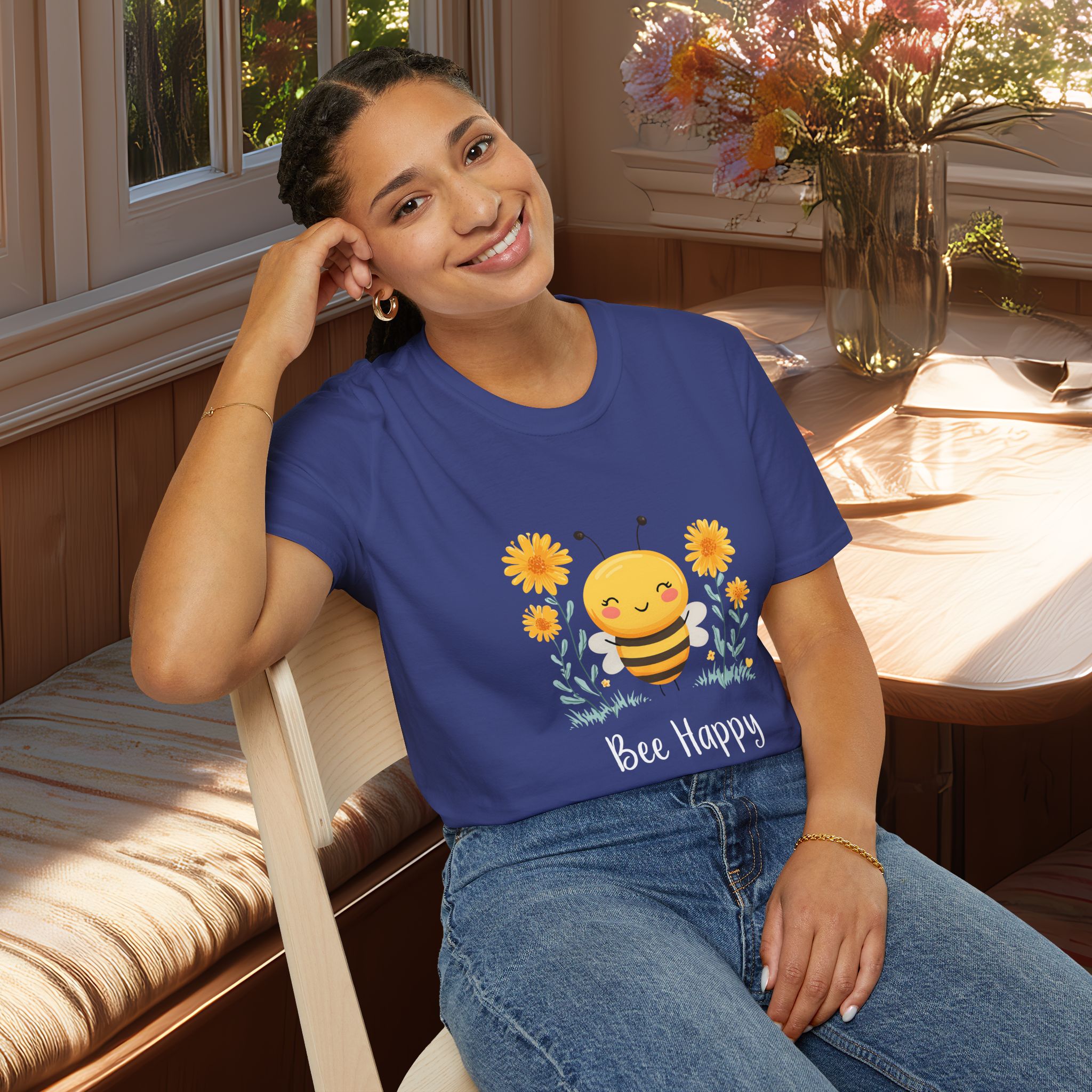 Cartoon Bee Happy Unisex T-Shirt for Gardeners, Nature Lovers, Bee Enthusiasts