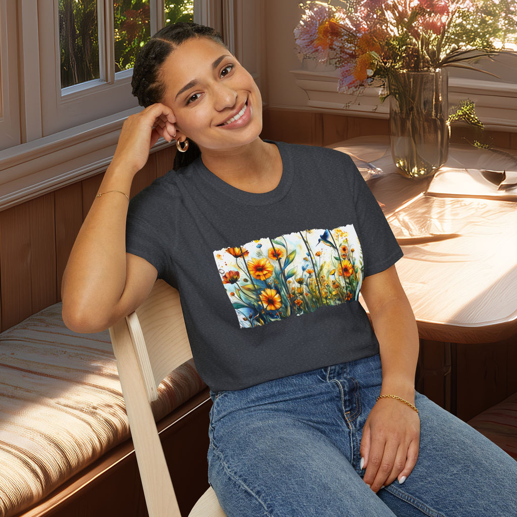 Hummingbird in Wildflowers Unisex T-Shirt for Gardeners, Nature Lovers, Bee Enthusiasts