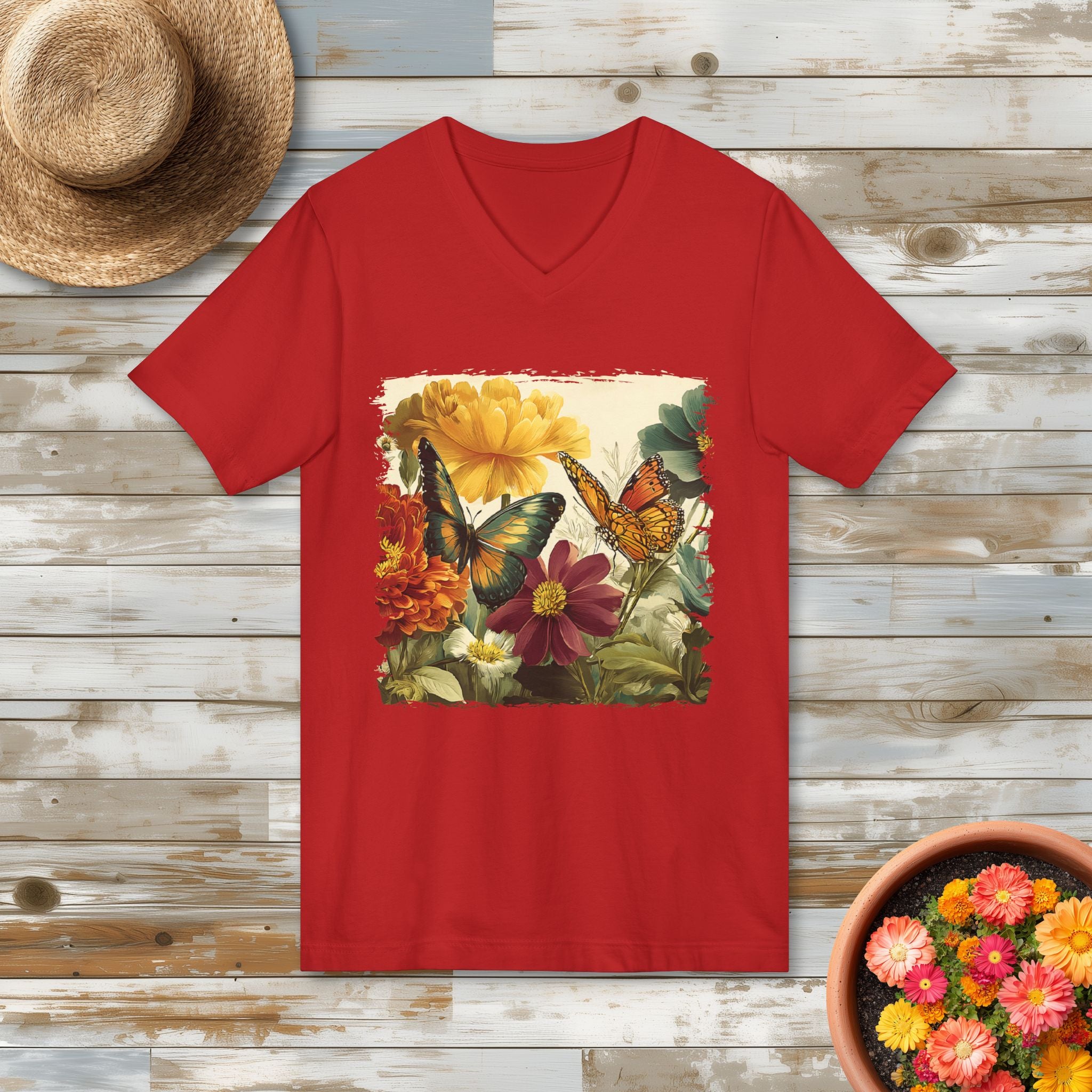 Butterflies & Blooms Retro Garden Flower V-Neck T-Shirt