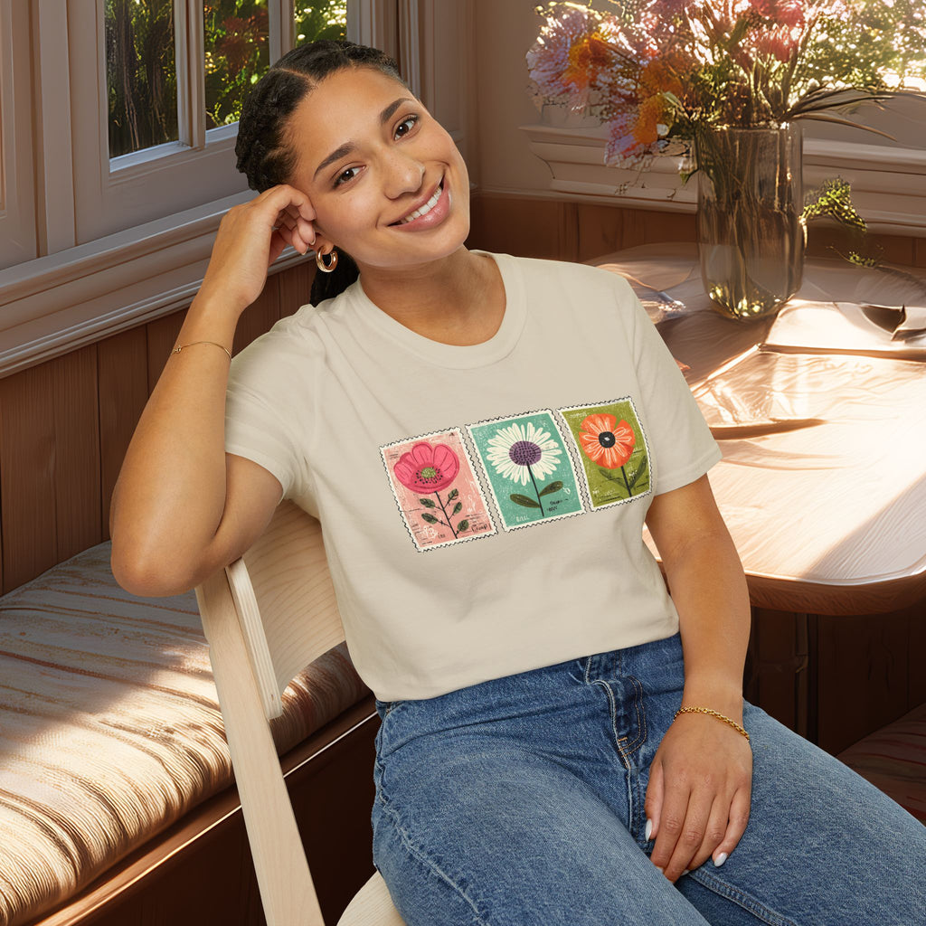 Charming Floral Stamp Trio T-Shirt for Gardeners